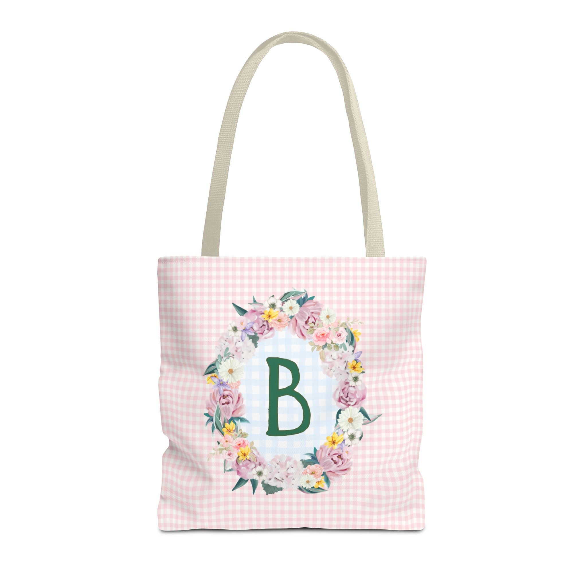Colorful Floral Tote Bag with Initial and Cute Gingham Pattern, Pink and Green Tote Bag for Daughter or Sorority Sister, Birthday Gift: B - Opal and June