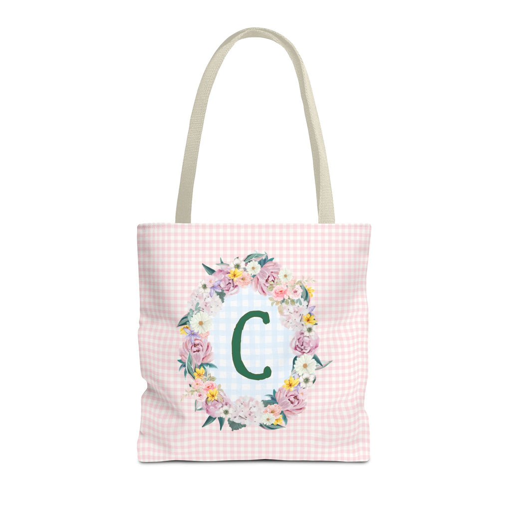 Colorful Floral Tote Bag with Initial and Cute Gingham Pattern, Pink and Green Tote Bag for Daughter or Sorority Sister, Birthday Gift: C - Opal and June