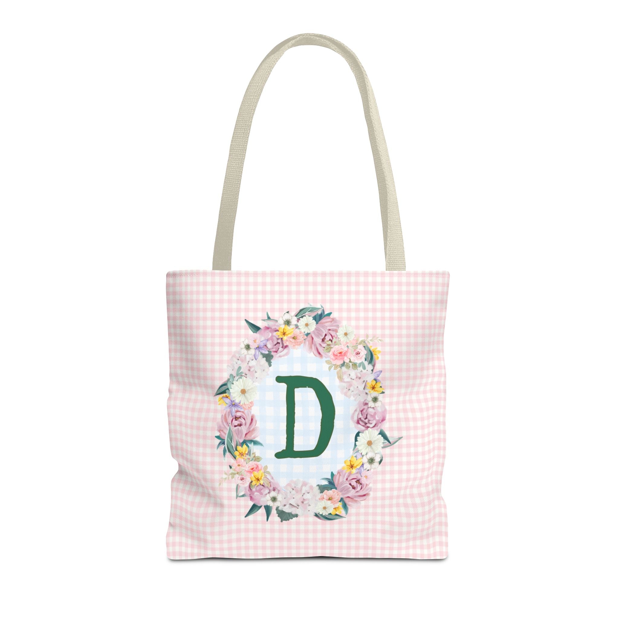 Colorful Floral Tote Bag with Initial and Cute Gingham Pattern, Pink and Green Tote Bag for Daughter or Sorority Sister, Birthday Gift: D - Opal and June