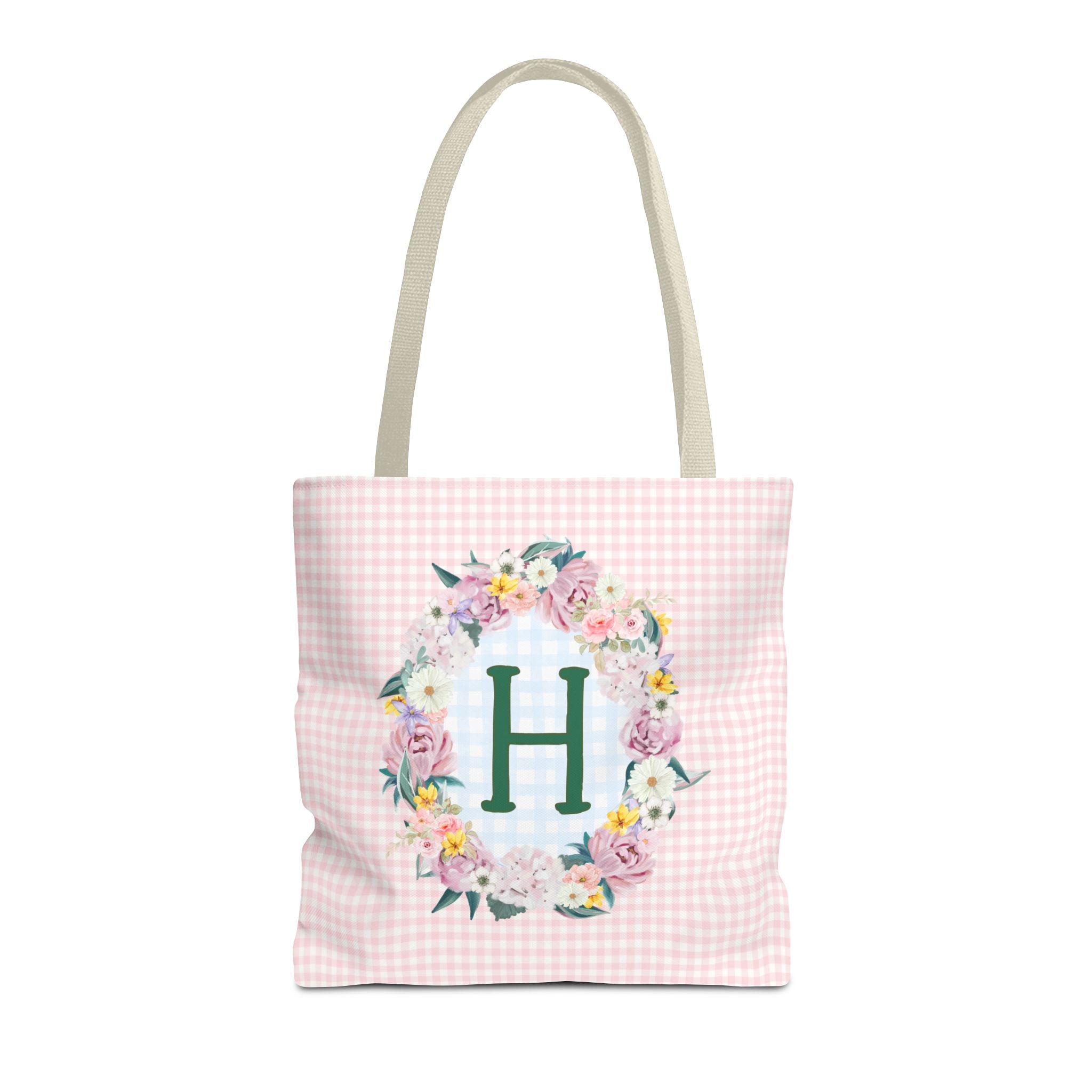 Colorful Floral Tote Bag with Initial and Cute Gingham Pattern, Pink and Green Tote Bag for Daughter or Sorority Sister, Birthday Gift: H - Opal and June