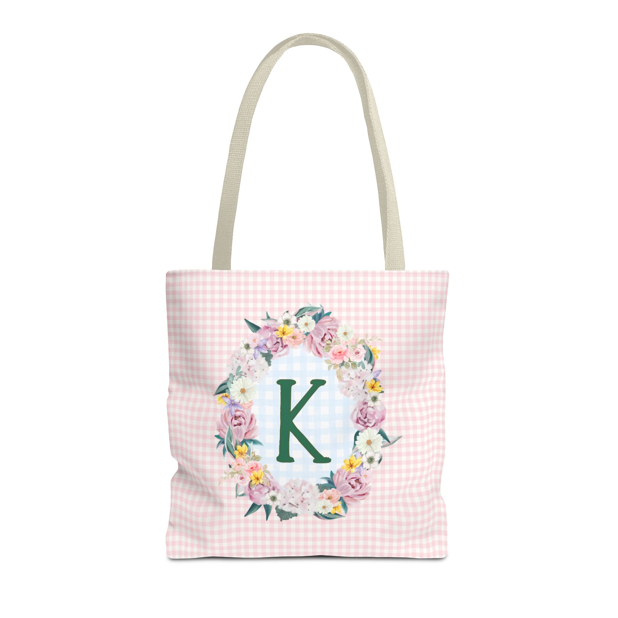 Colorful Floral Tote Bag with Initial and Cute Gingham Pattern, Pink and Green Tote Bag for Daughter or Sorority Sister, Birthday Gift: K - Opal and June