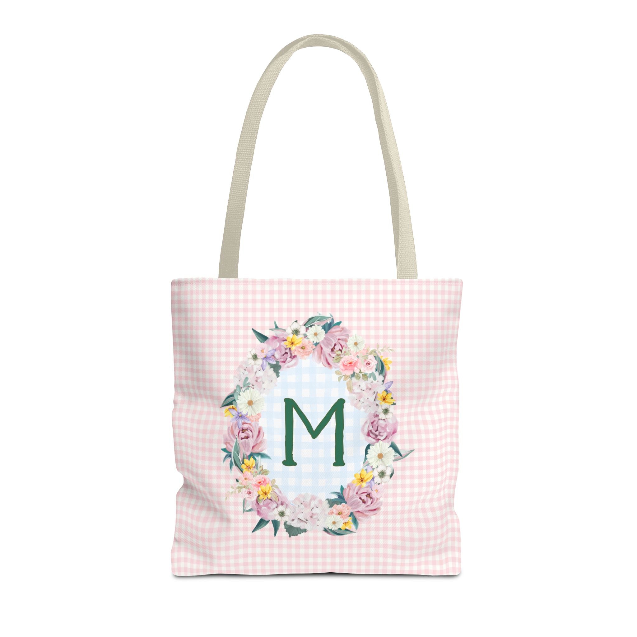Colorful Floral Tote Bag with Initial and Cute Gingham Pattern, Pink and Green Tote Bag for Daughter or Sorority Sister, Birthday Gift: M - Opal and June