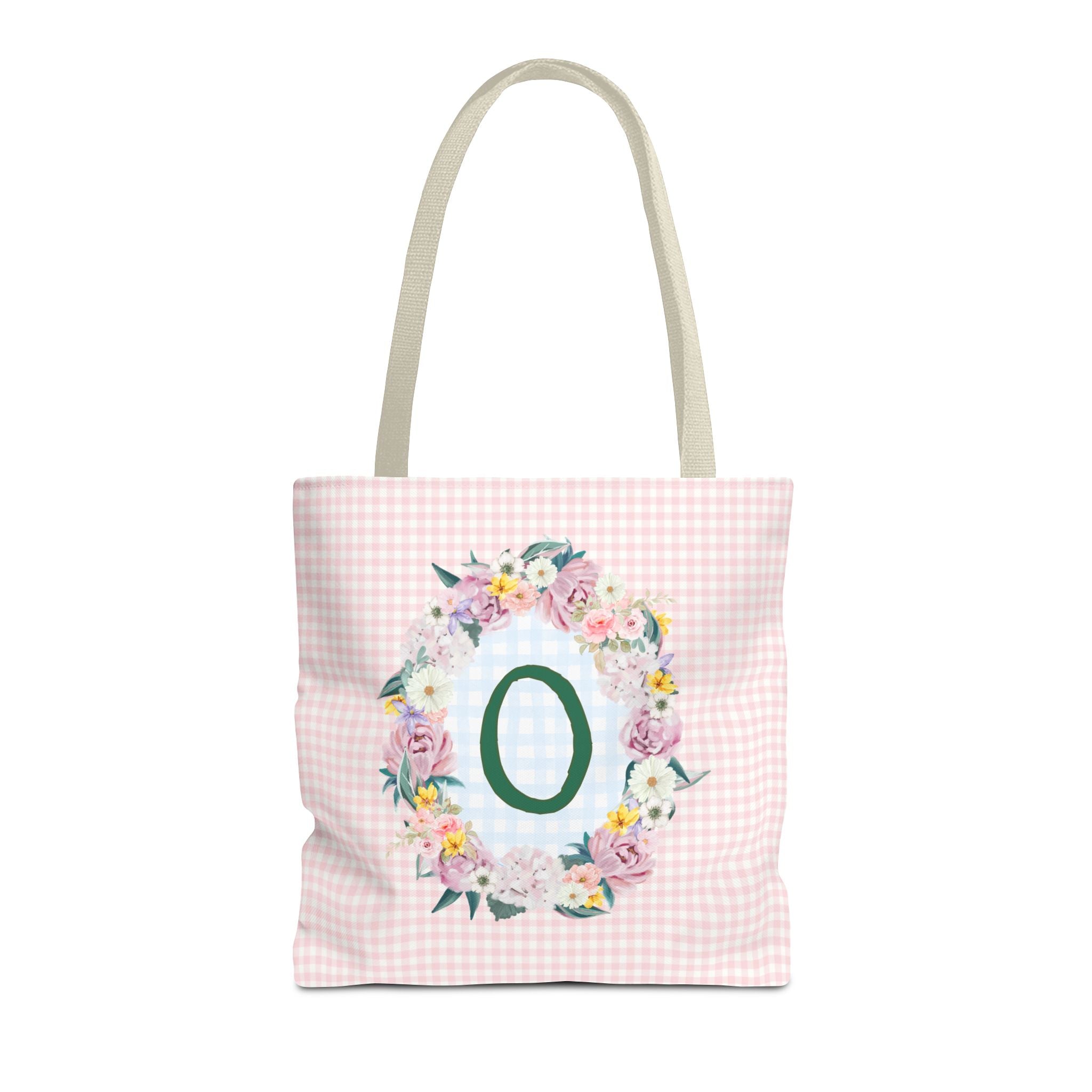 Colorful Floral Tote Bag with Initial and Cute Gingham Pattern, Pink and Green Tote Bag for Daughter or Sorority Sister, Birthday Gift: O - Opal and June