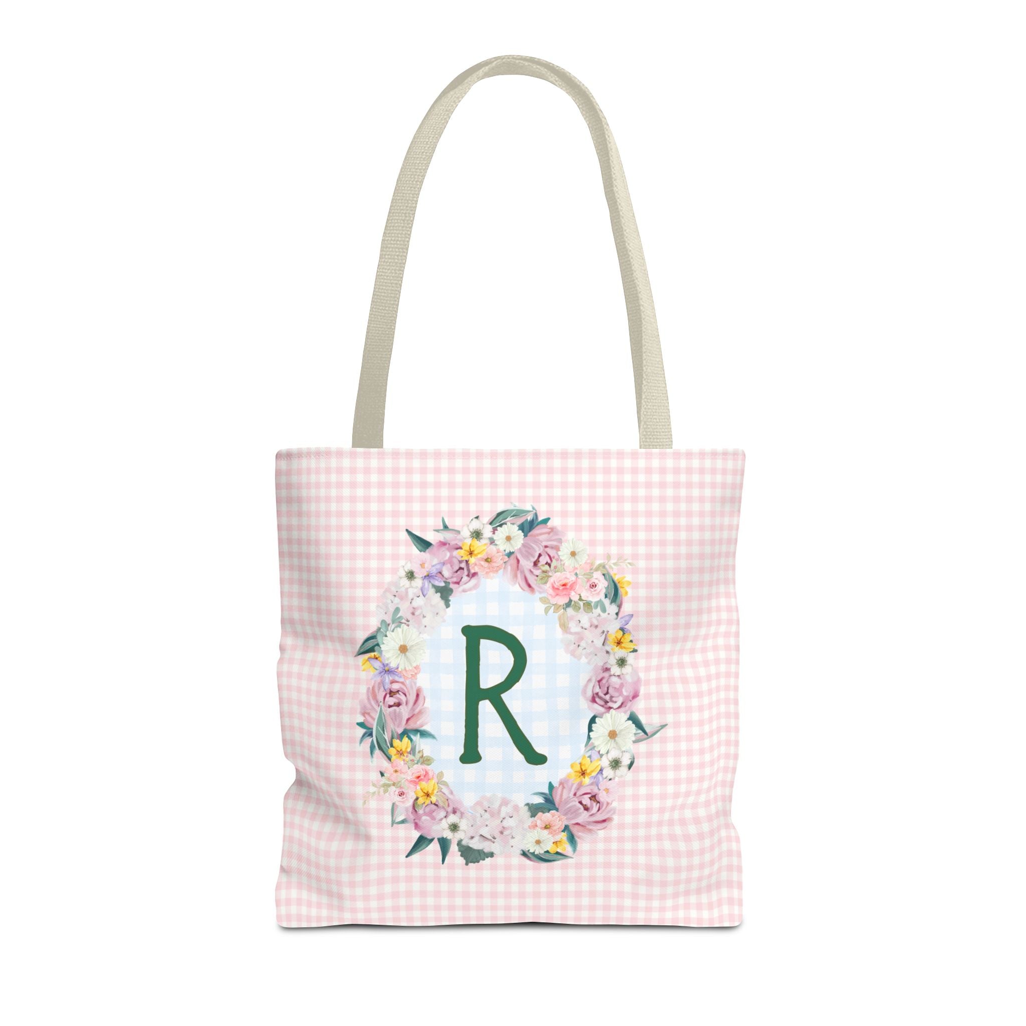Colorful Floral Tote Bag with Initial and Cute Gingham Pattern, Pink and Green Tote Bag for Daughter or Sorority Sister, Birthday Gift: R - Opal and June