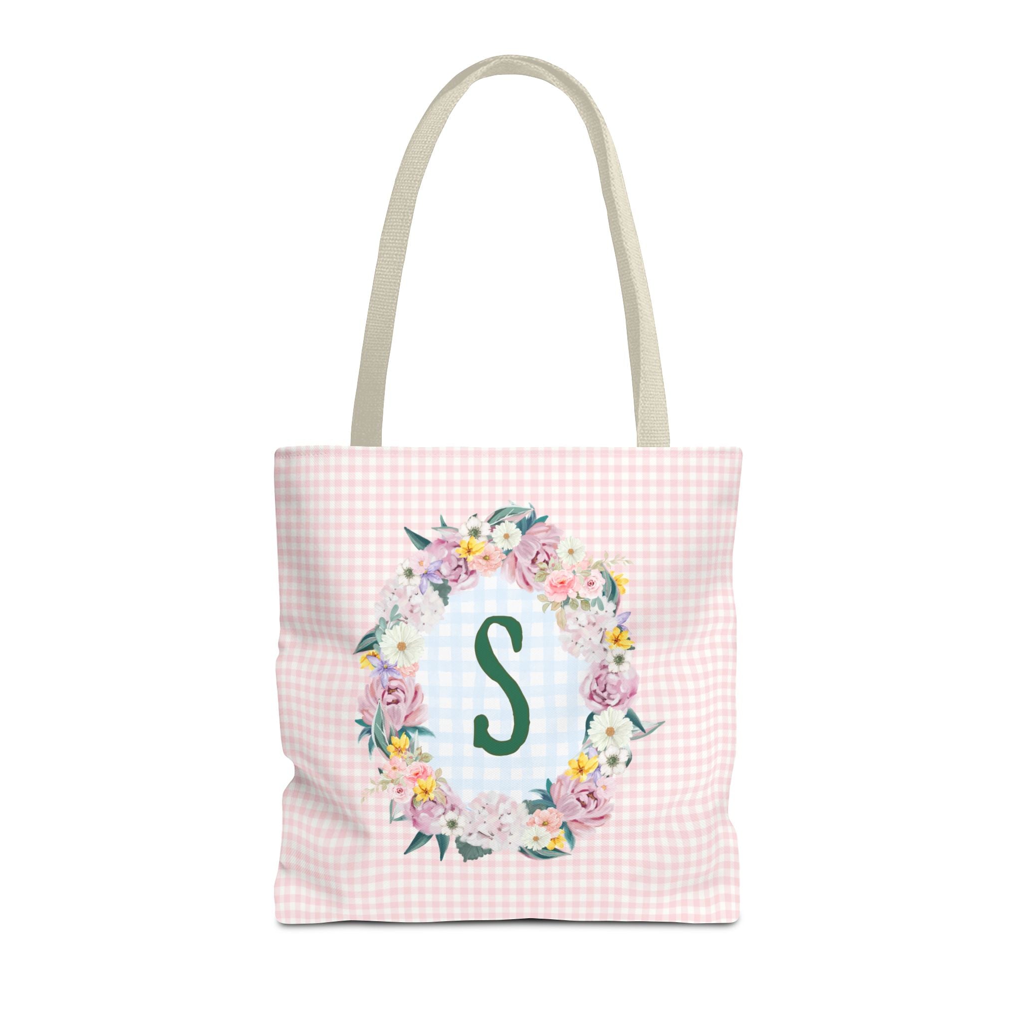 Colorful Floral Tote Bag with Initial and Cute Gingham Pattern, Pink and Green Tote Bag for Daughter or Sorority Sister, Birthday Gift: S - Opal and June