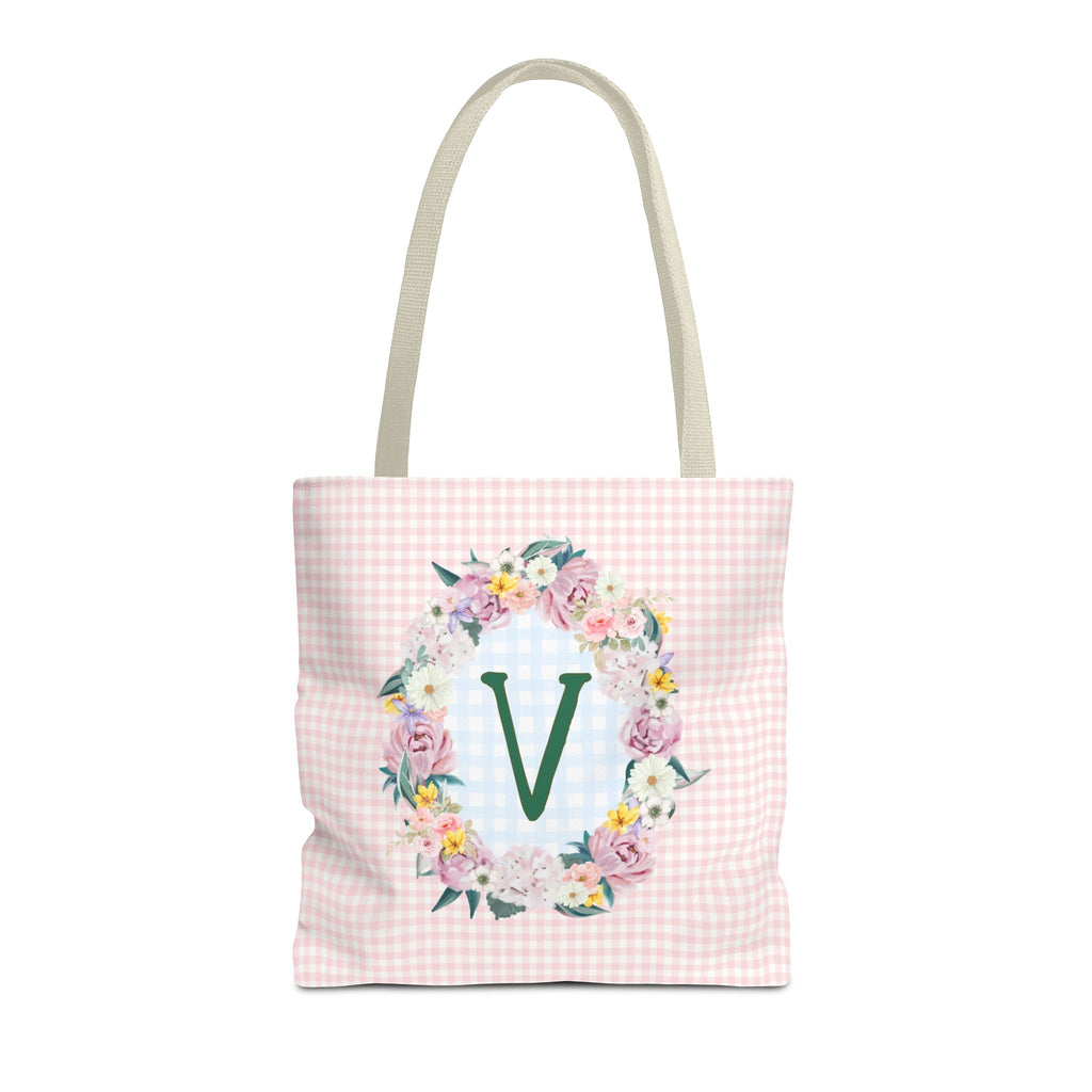 Colorful Floral Tote Bag with Initial and Cute Gingham Pattern, Pink and Green Tote Bag for Daughter or Sorority Sister, Birthday Gift: V - Opal and June