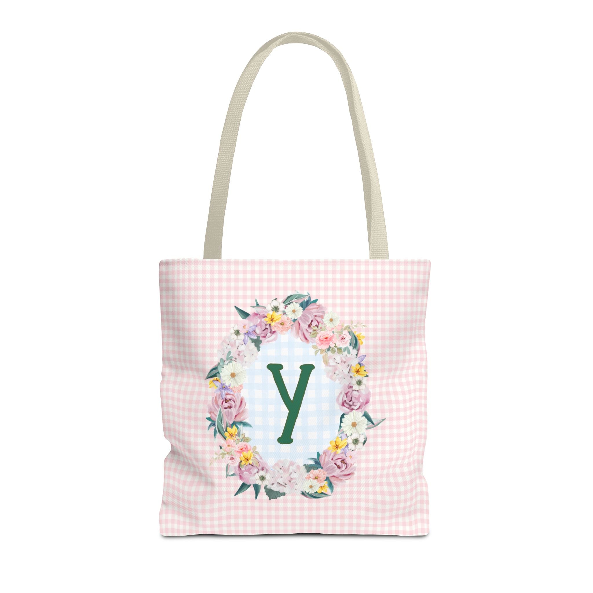 Colorful Floral Tote Bag with Initial and Cute Gingham Pattern, Pink and Green Tote Bag for Daughter or Sorority Sister, Birthday Gift: Y - Opal and June