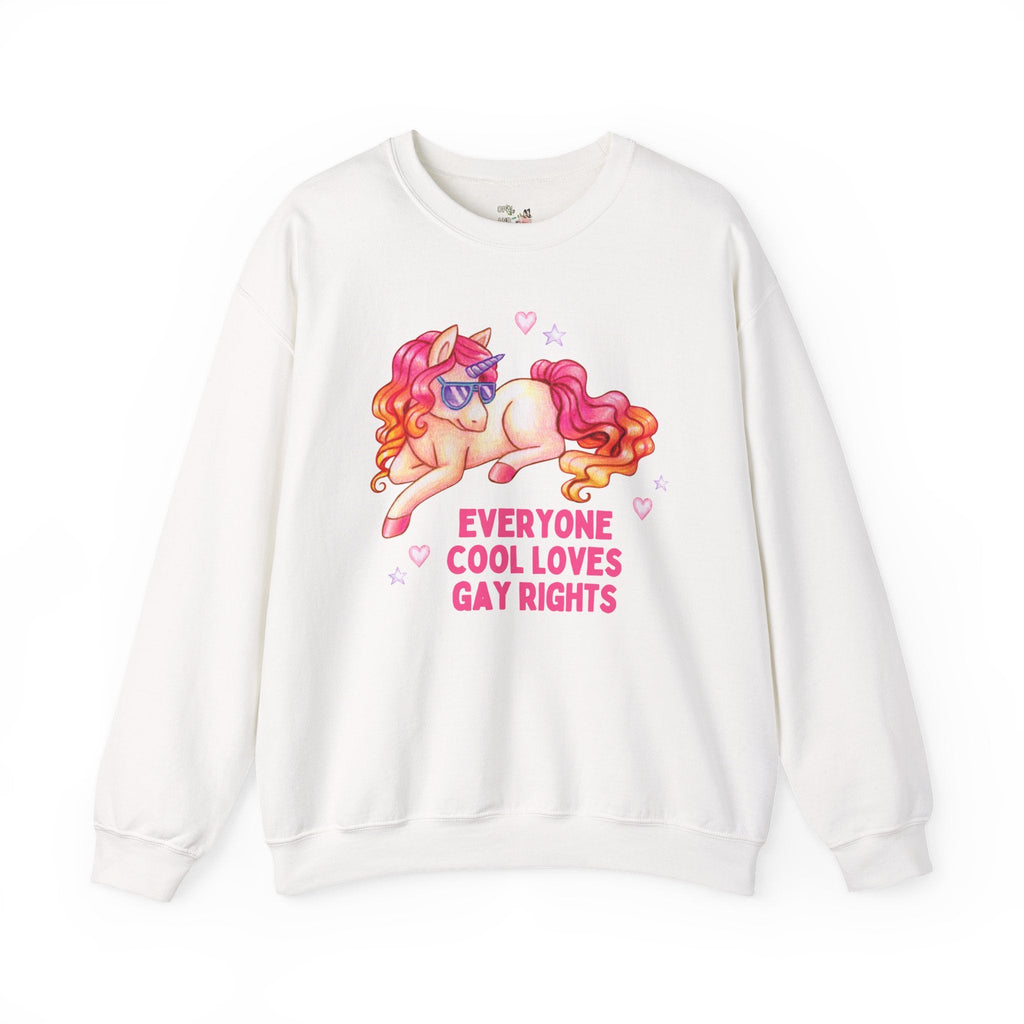 Colorful Gay Rights Sweatshirt with Unicorn Wearing Sunglasses: Everyone Cool Loves Gay Rights, Silly Dreamcore LGBTQ+ Ally Shirt for Pride - Opal and June