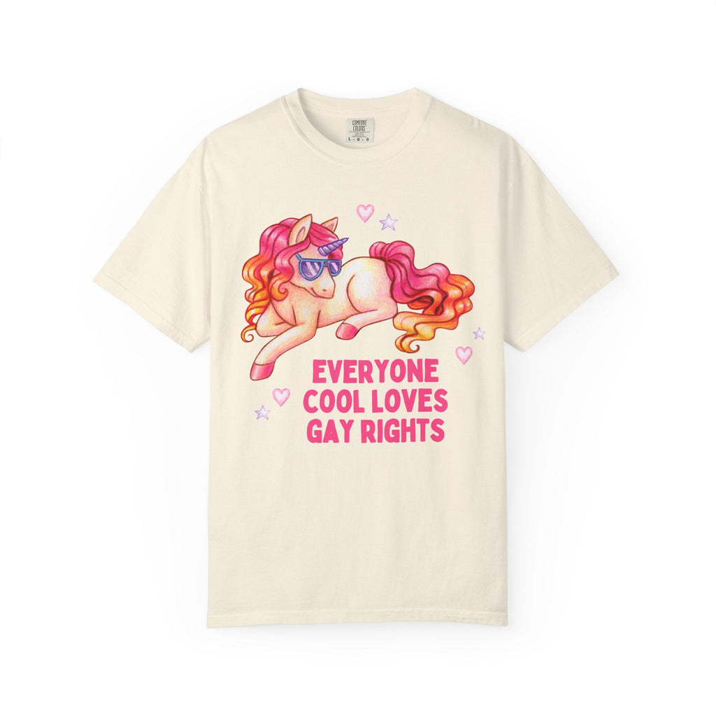 Colorful Gay Rights Tee Shirt with Unicorn Wearing Sunglasses: Everyone Cool Loves Gay Rights, Silly Dreamcore LGBTQ+ Ally Tee for Pride - Opal and June
