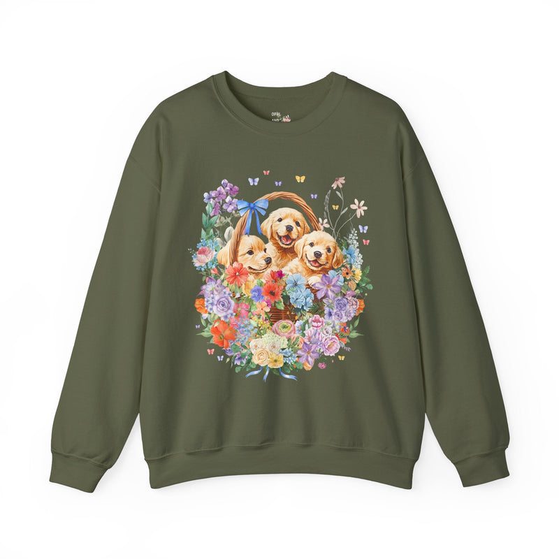 Colorful Golden Retriever Sweatshirt with Butterflies: Cute Floral Cottagecore Puppy Crewneck for Friend Who Loves Dogs, 90s Throwback Gift - Opal and June