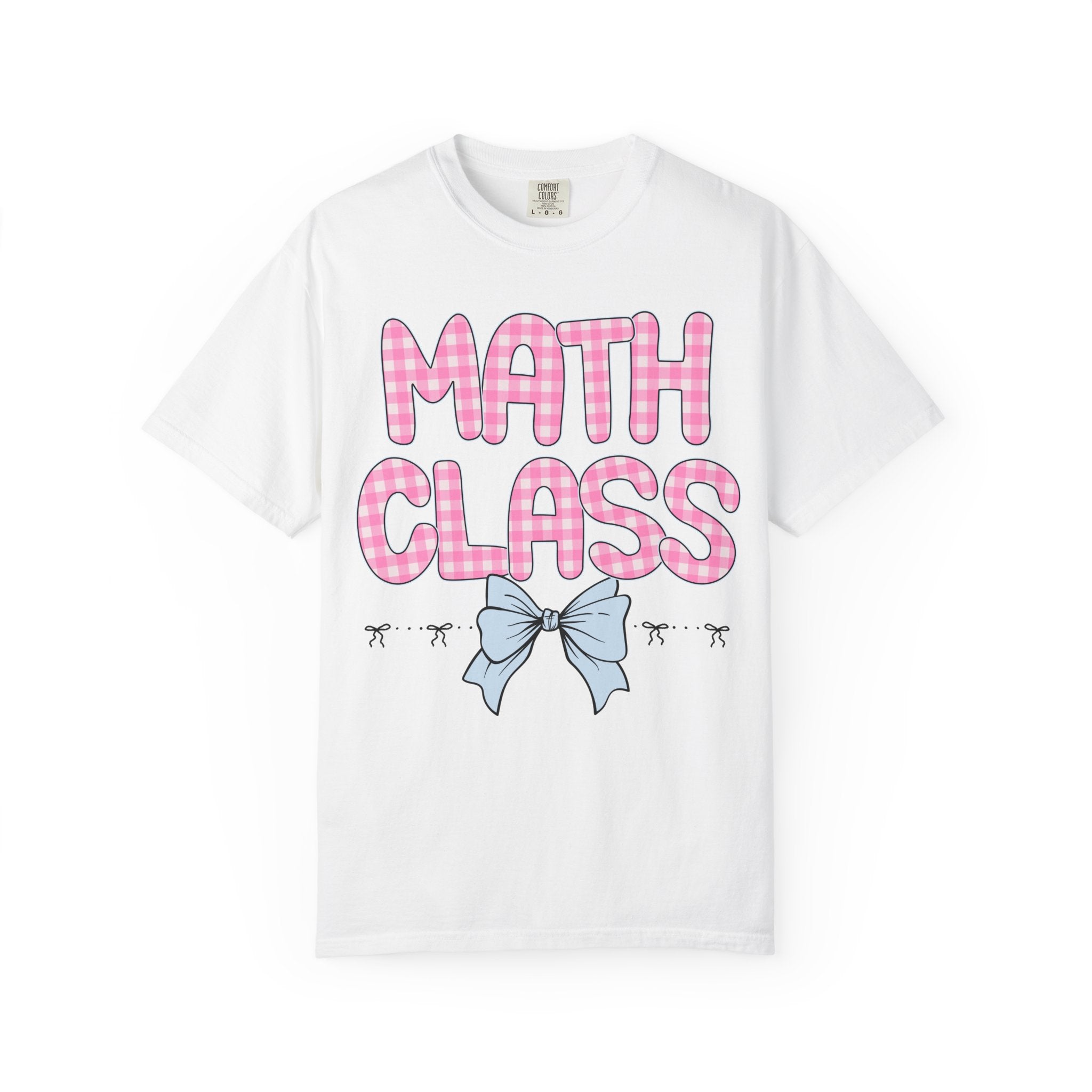 Colorful Math Teacher T-Shirt with Pink Gingham Letters, First Day of School, Back to School Matching Teacher Tee with Bow, Soft Girl Style - Opal and June