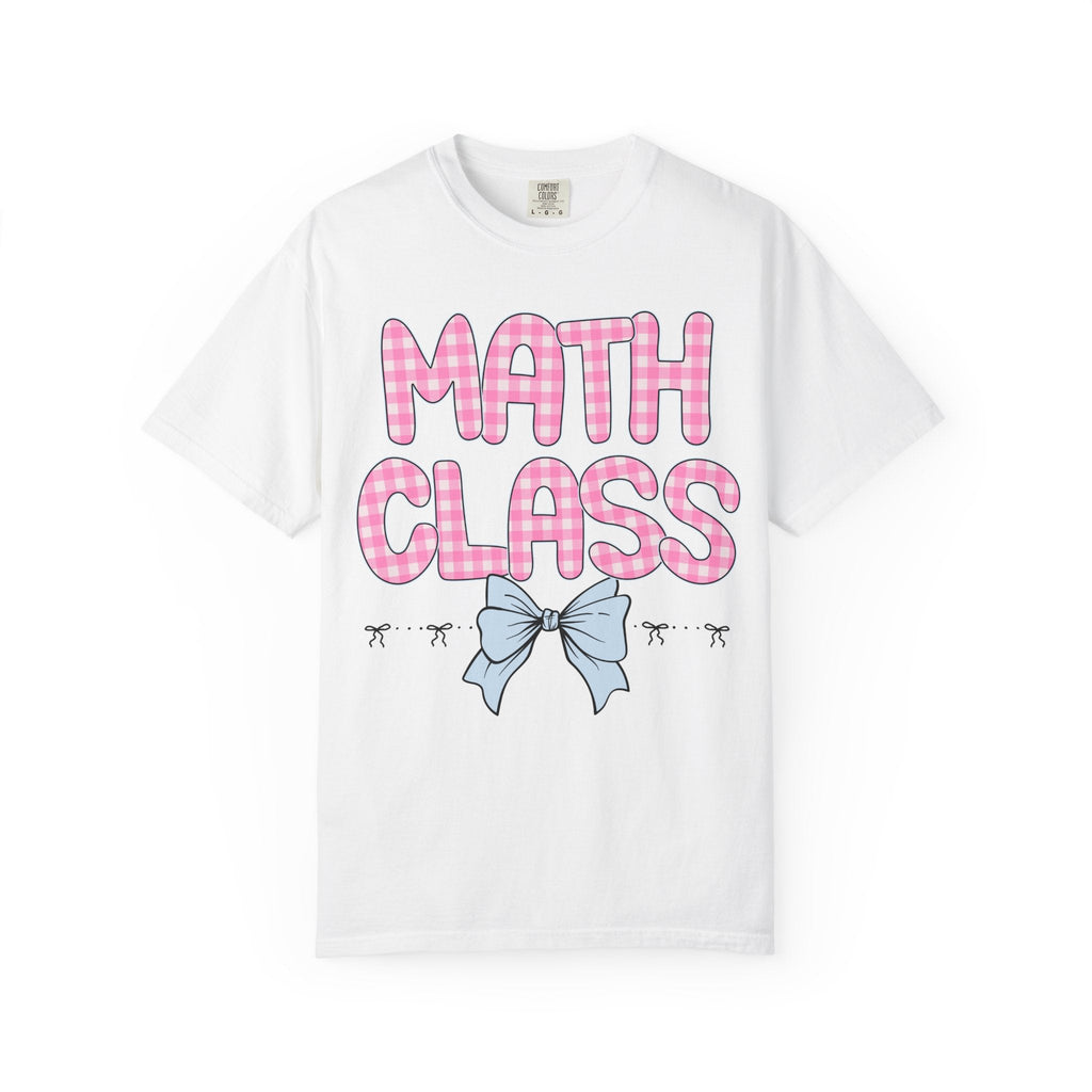 Colorful Math Teacher T-Shirt with Pink Gingham Letters, First Day of School, Back to School Matching Teacher Tee with Bow, Soft Girl Style - Opal and June