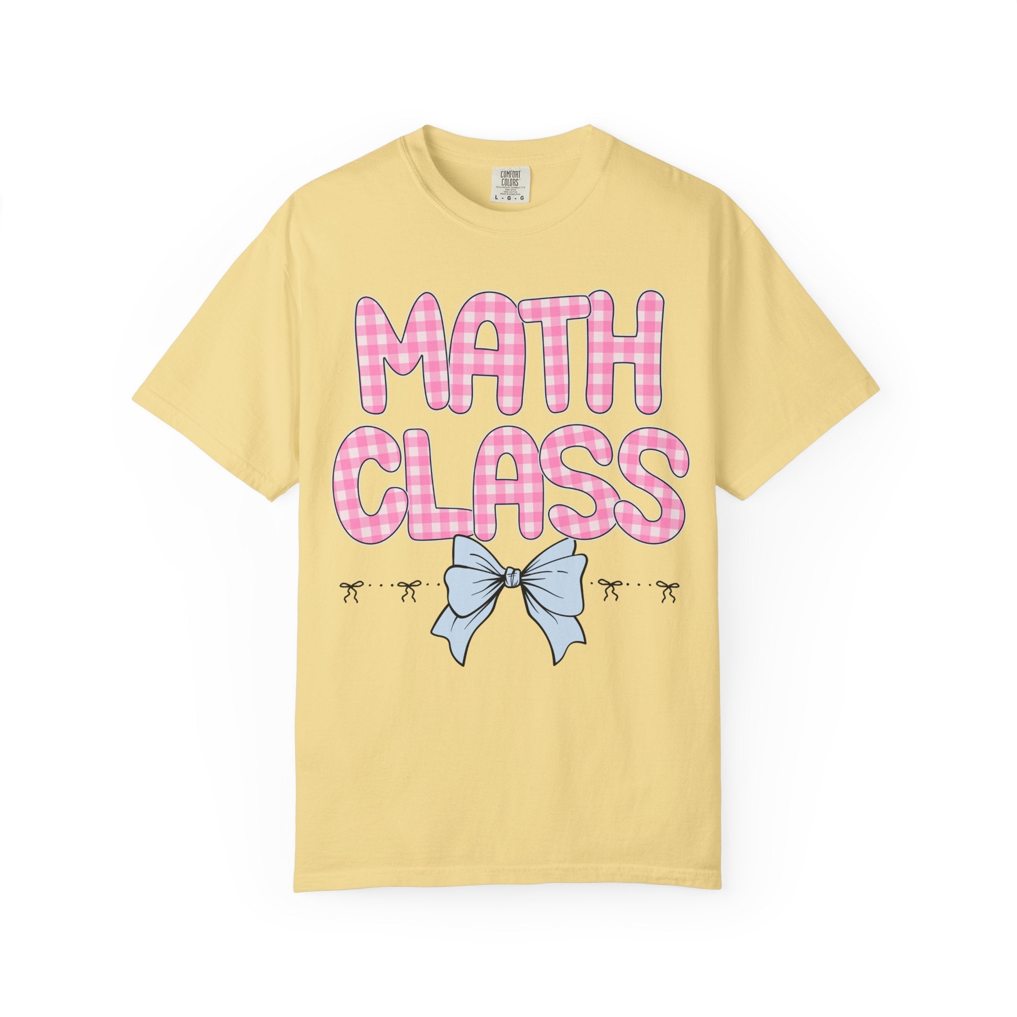 Colorful Math Teacher T-Shirt with Pink Gingham Letters, First Day of School, Back to School Matching Teacher Tee with Bow, Soft Girl Style - Opal and June