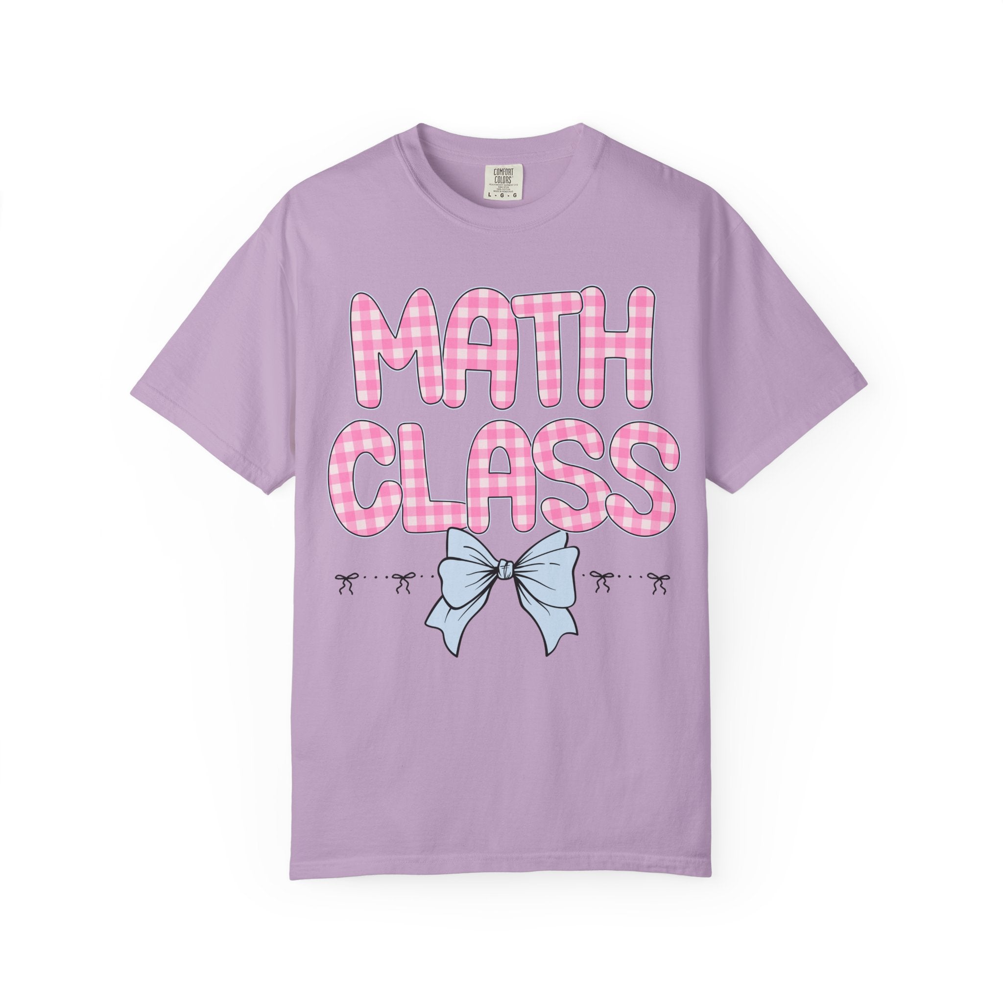 Colorful Math Teacher T-Shirt with Pink Gingham Letters, First Day of School, Back to School Matching Teacher Tee with Bow, Soft Girl Style - Opal and June