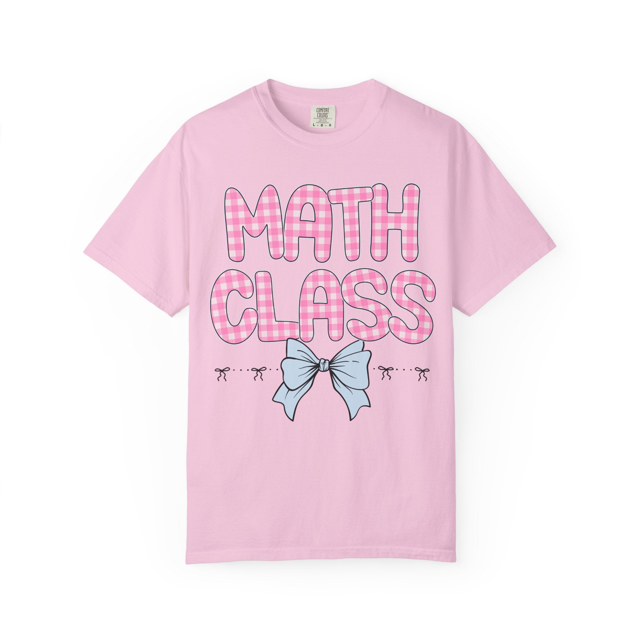 Colorful Math Teacher T-Shirt with Pink Gingham Letters, First Day of School, Back to School Matching Teacher Tee with Bow, Soft Girl Style - Opal and June