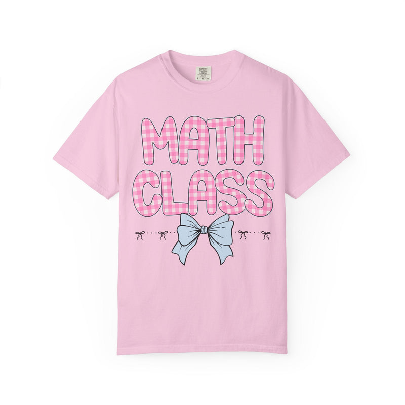 Colorful Math Teacher T-Shirt with Pink Gingham Letters, First Day of School, Back to School Matching Teacher Tee with Bow, Soft Girl Style - Opal and June