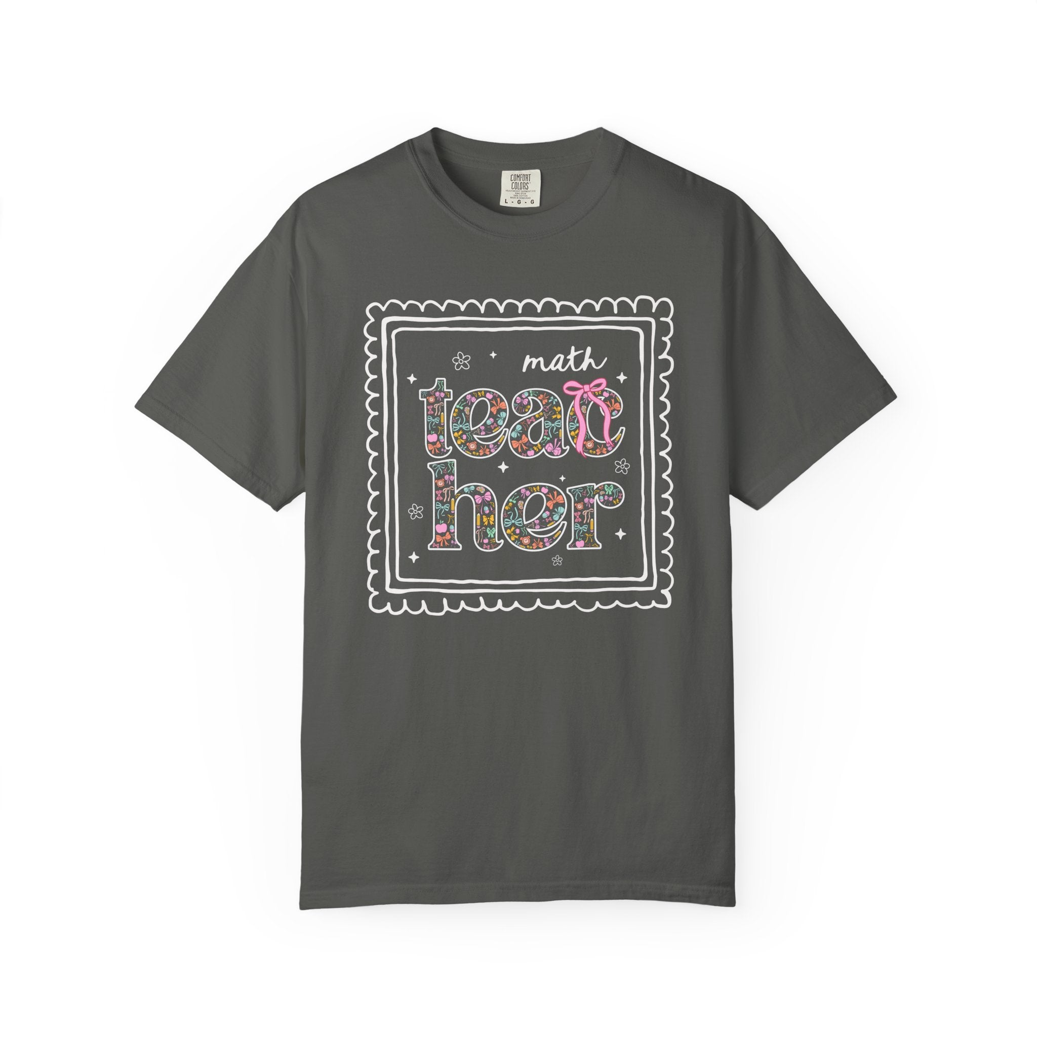Colorful Math Teacher Tee Shirt for Back to School, Cute Floral Matching Math Department T-Shirt with Bow, Cute Nineties Aesthetic Doodles - Opal and June