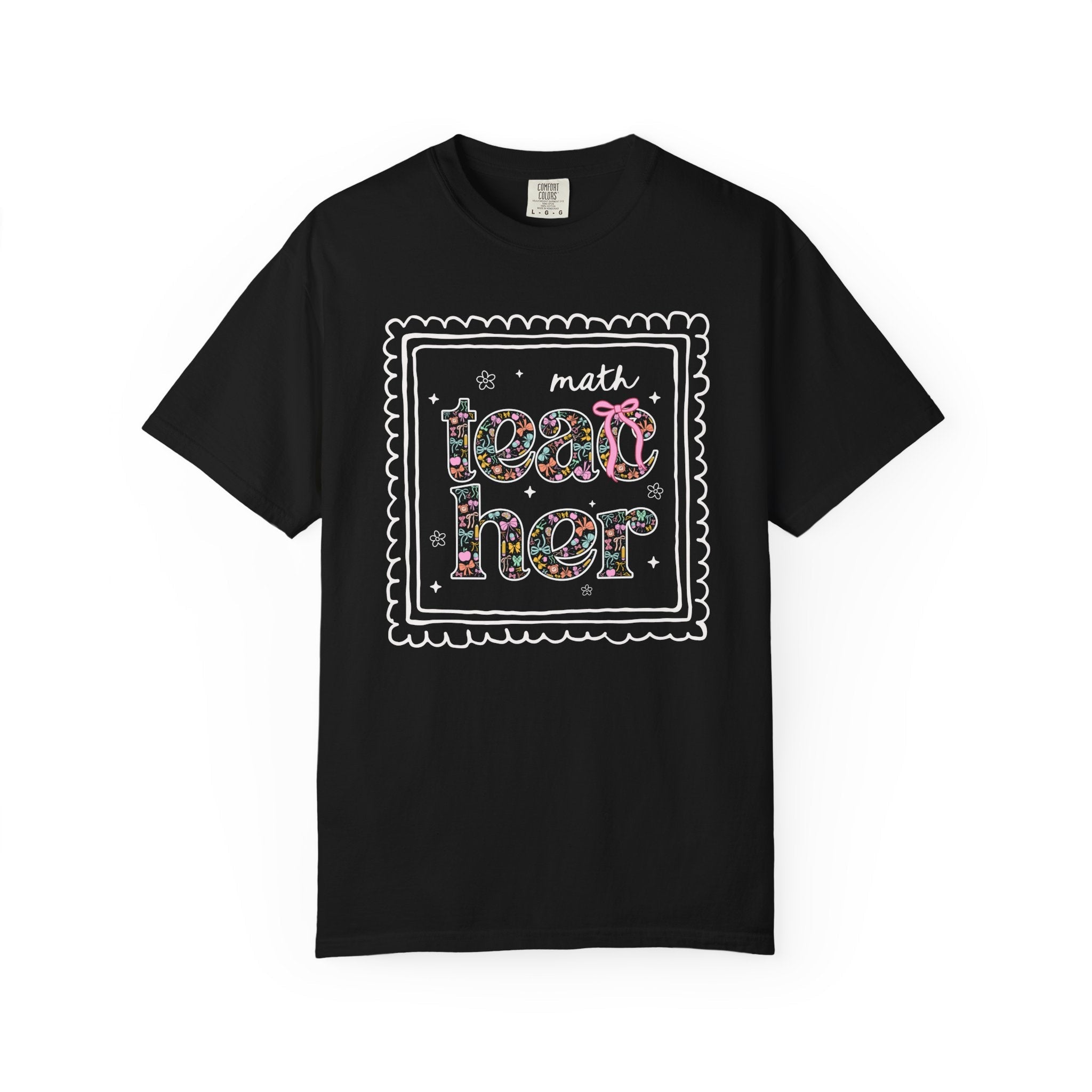 Colorful Math Teacher Tee Shirt for Back to School, Cute Floral Matching Math Department T-Shirt with Bow, Cute Nineties Aesthetic Doodles - Opal and June
