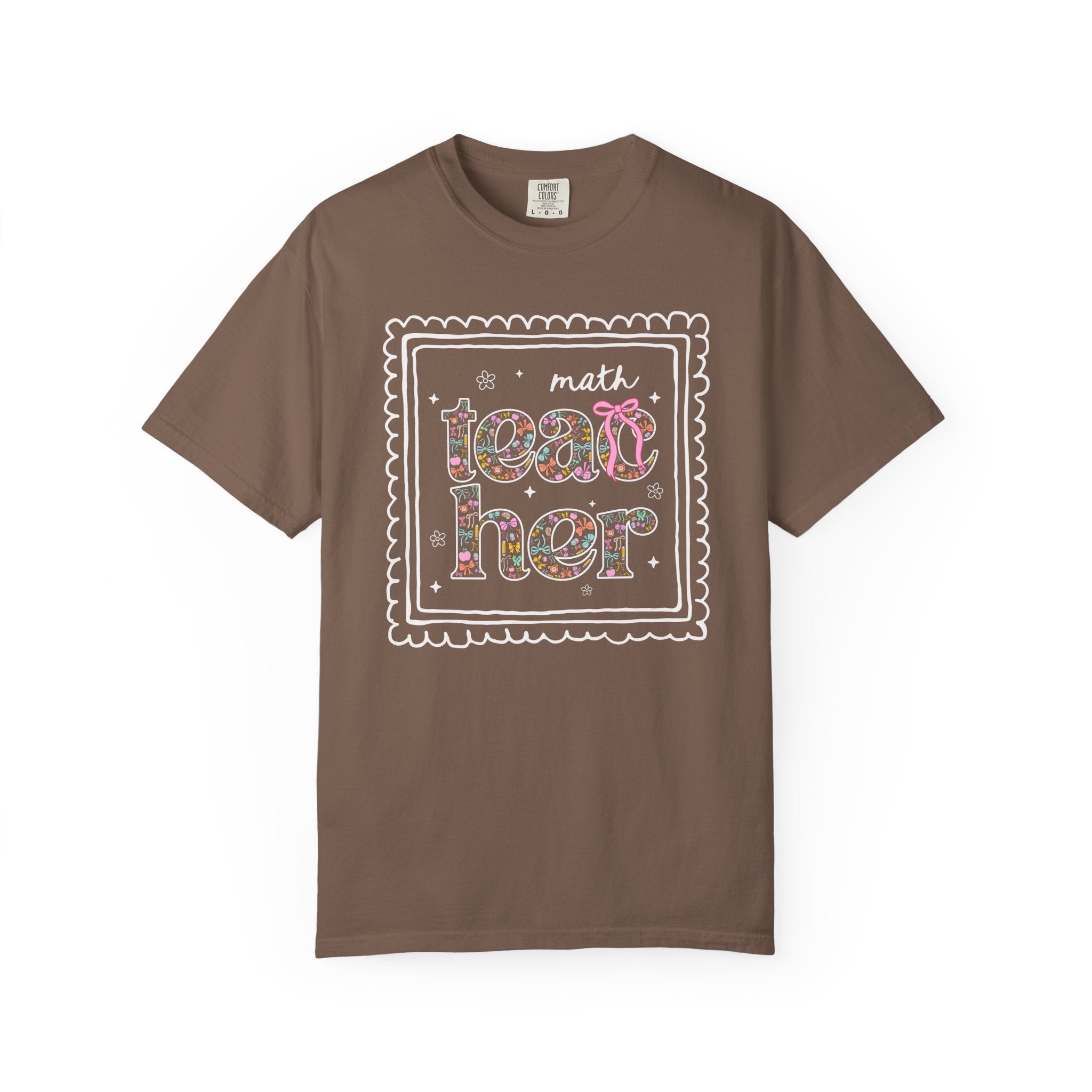 Colorful Math Teacher Tee Shirt for Back to School, Cute Floral Matching Math Department T-Shirt with Bow, Cute Nineties Aesthetic Doodles - Opal and June