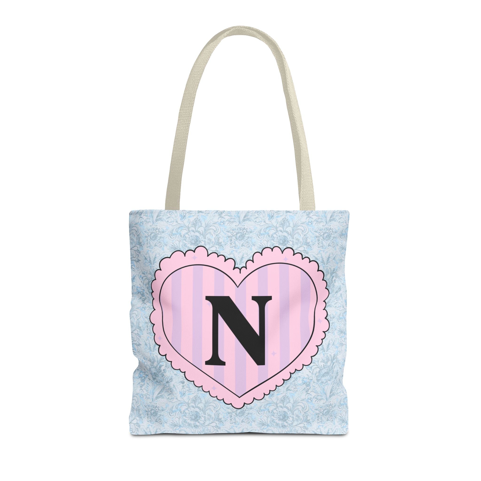 Colorful Plaid Tote Bag with Initial for Best Friend or Sister, Cute Striped Floral Tote Bag with Heart, Tote Bag with Letter: N - Opal and June