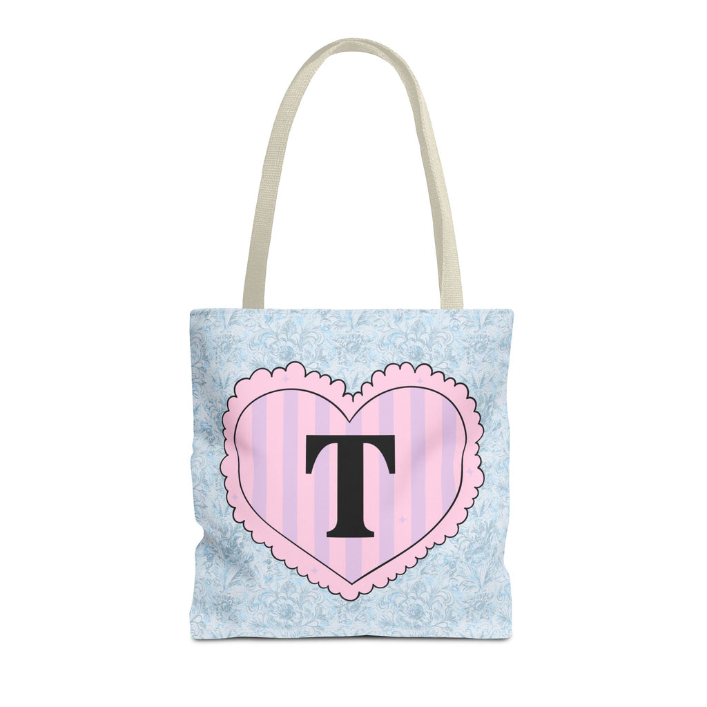 Colorful Plaid Tote Bag with Initial for Best Friend or Sister, Cute Striped Floral Tote Bag with Heart, Tote Bag with Letter: T - Opal and June