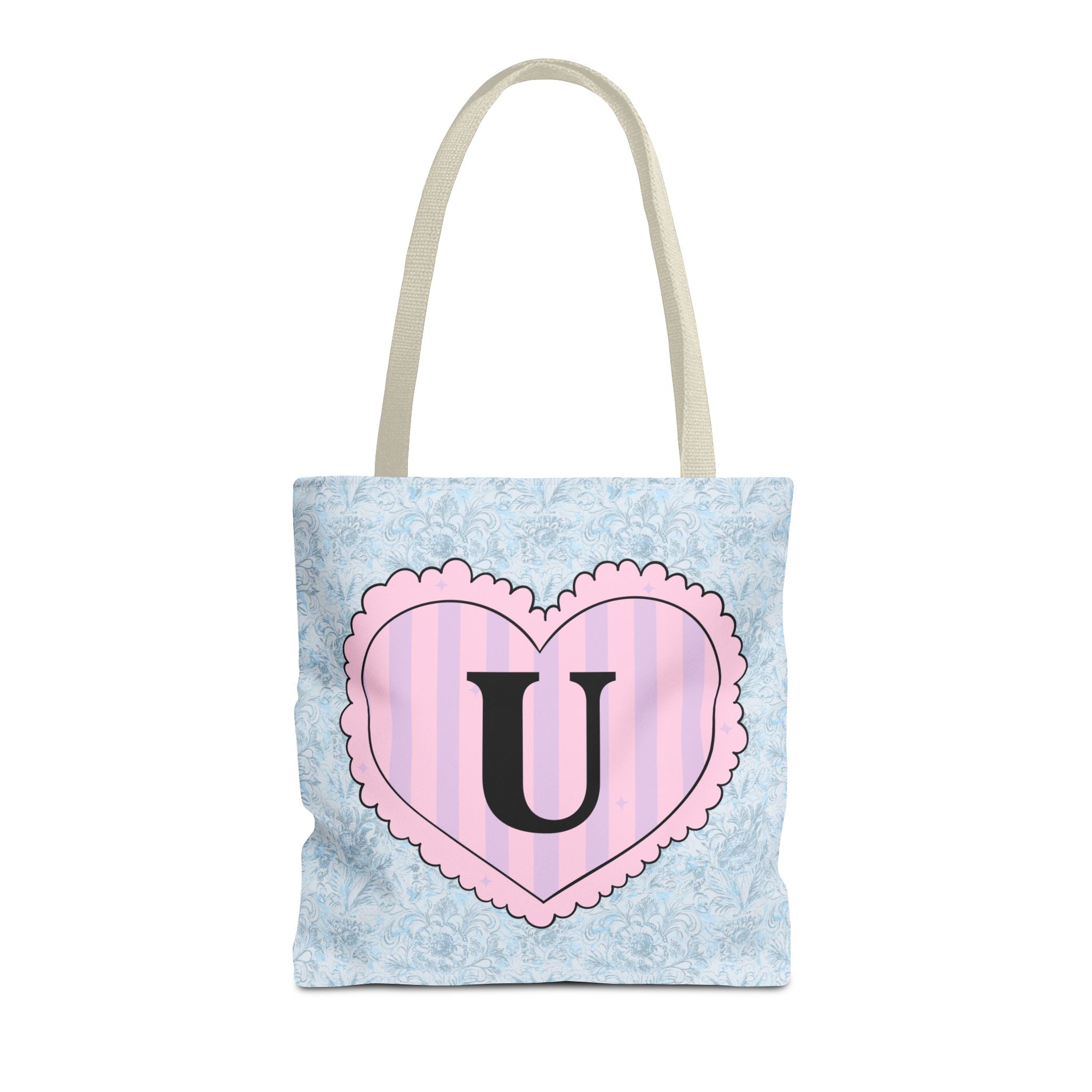 Colorful Plaid Tote Bag with Initial for Best Friend or Sister, Cute Striped Floral Tote Bag with Heart, Tote Bag with Letter: U - Opal and June