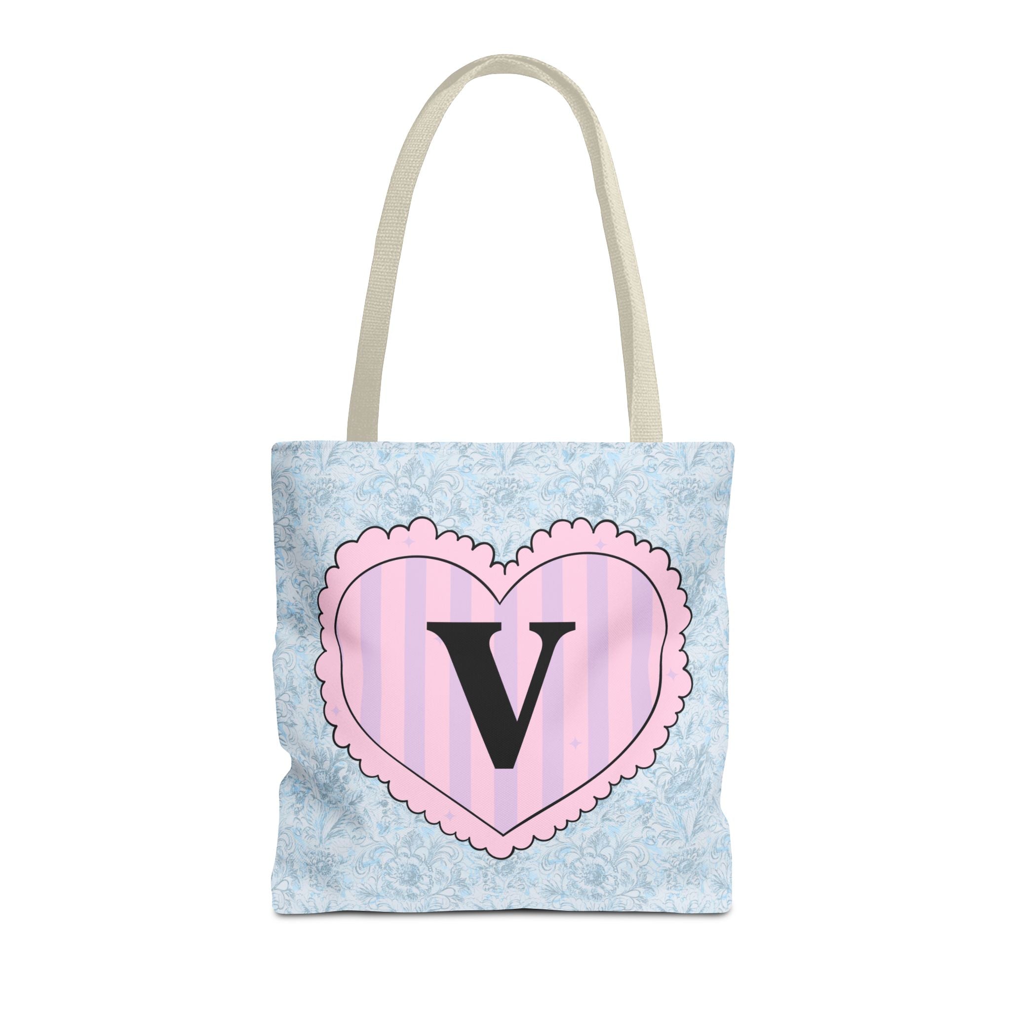 Colorful Plaid Tote Bag with Initial for Best Friend or Sister, Cute Striped Floral Tote Bag with Heart, Tote Bag with Letter: V - Opal and June