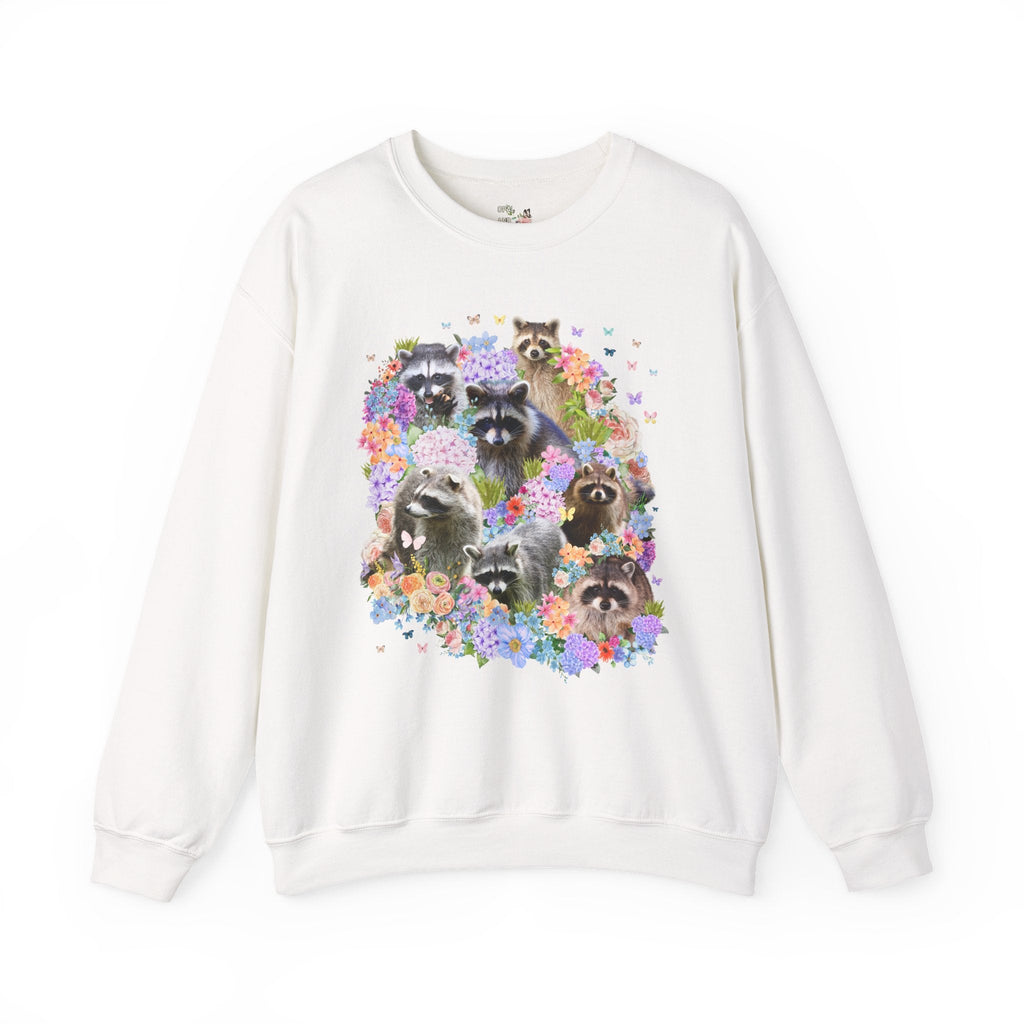 Colorful Raccoon Lover Sweatshirt, Wild Nineties Throwback Collage Art Crewneck, Weirdcore Dreamcore Animal Lover Shirt, Hydrangea Flowers - Opal and June