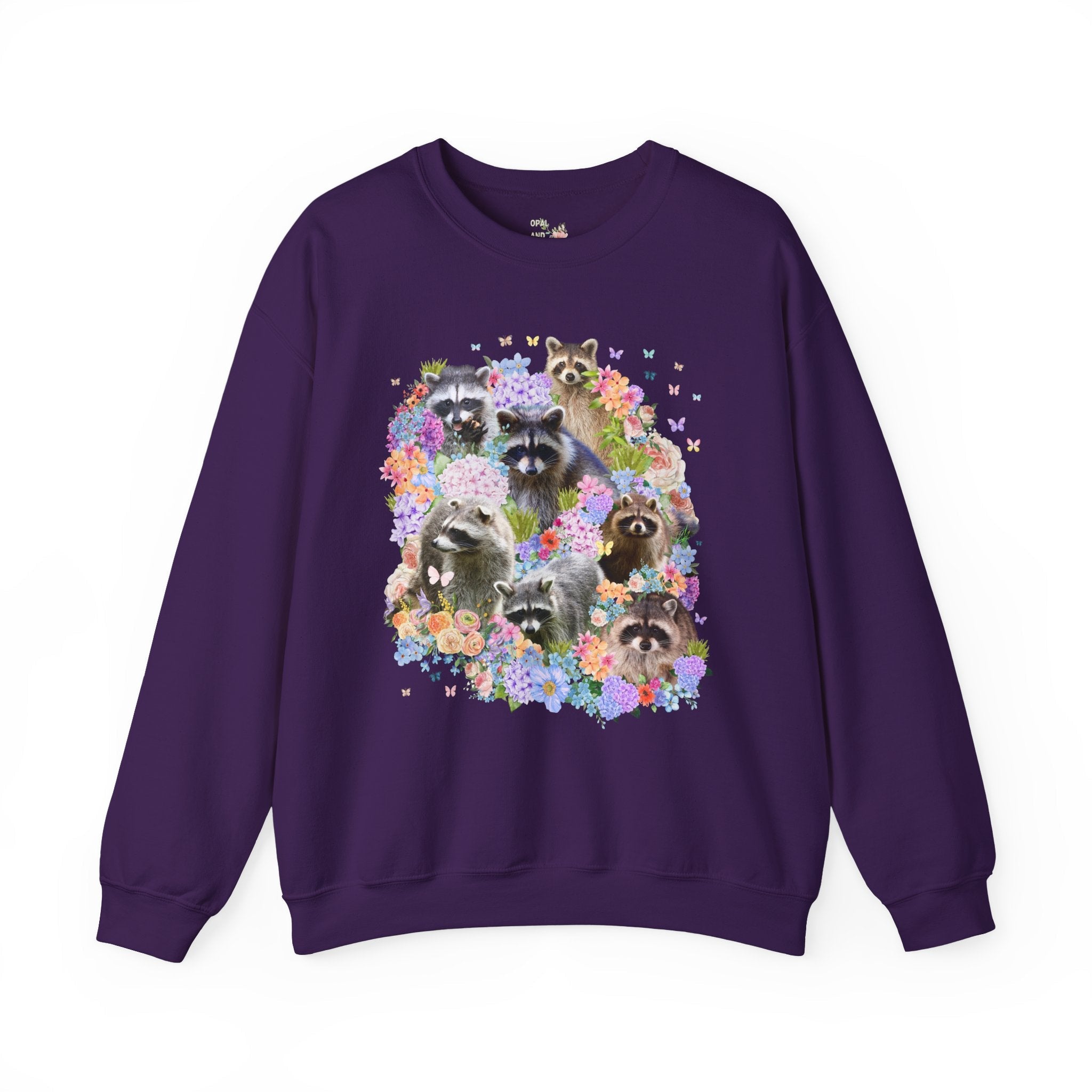 Colorful Raccoon Lover Sweatshirt, Wild Nineties Throwback Collage Art Crewneck, Weirdcore Dreamcore Animal Lover Shirt, Hydrangea Flowers - Opal and June