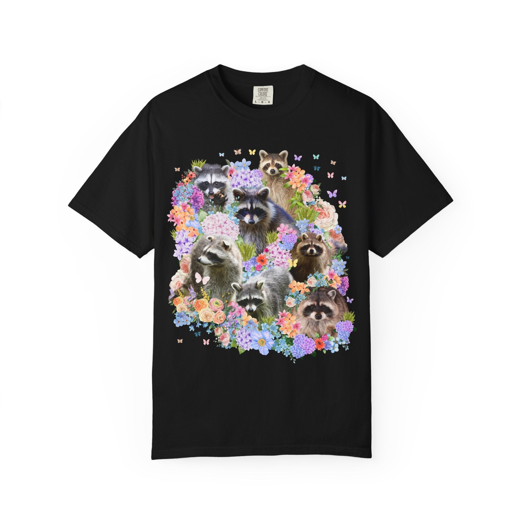 Colorful Raccoon Lover Tee Shirt, Wild Nineties Throwback Collage Art T-Shirt, Weirdcore Dreamcore Animal Lover Shirt, Hydrangea Flowers - Opal and June