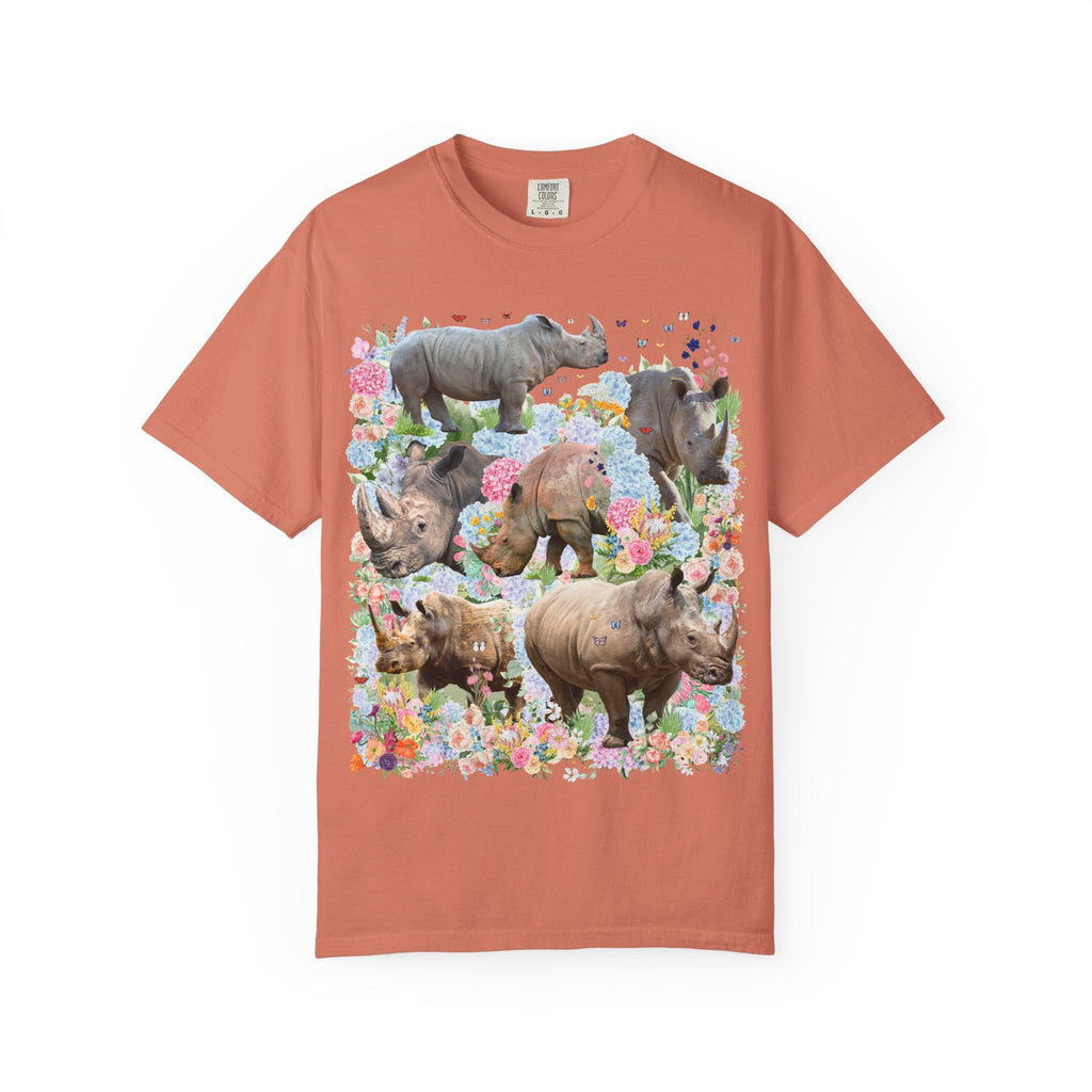 Colorful Rhinoceros Animal Lover Tee Shirt: Lions in Flowers, Wild Nineties Throwback Tee for Trip to Zoo, Floral Dreamcore Butterfly Shirt - Opal and June