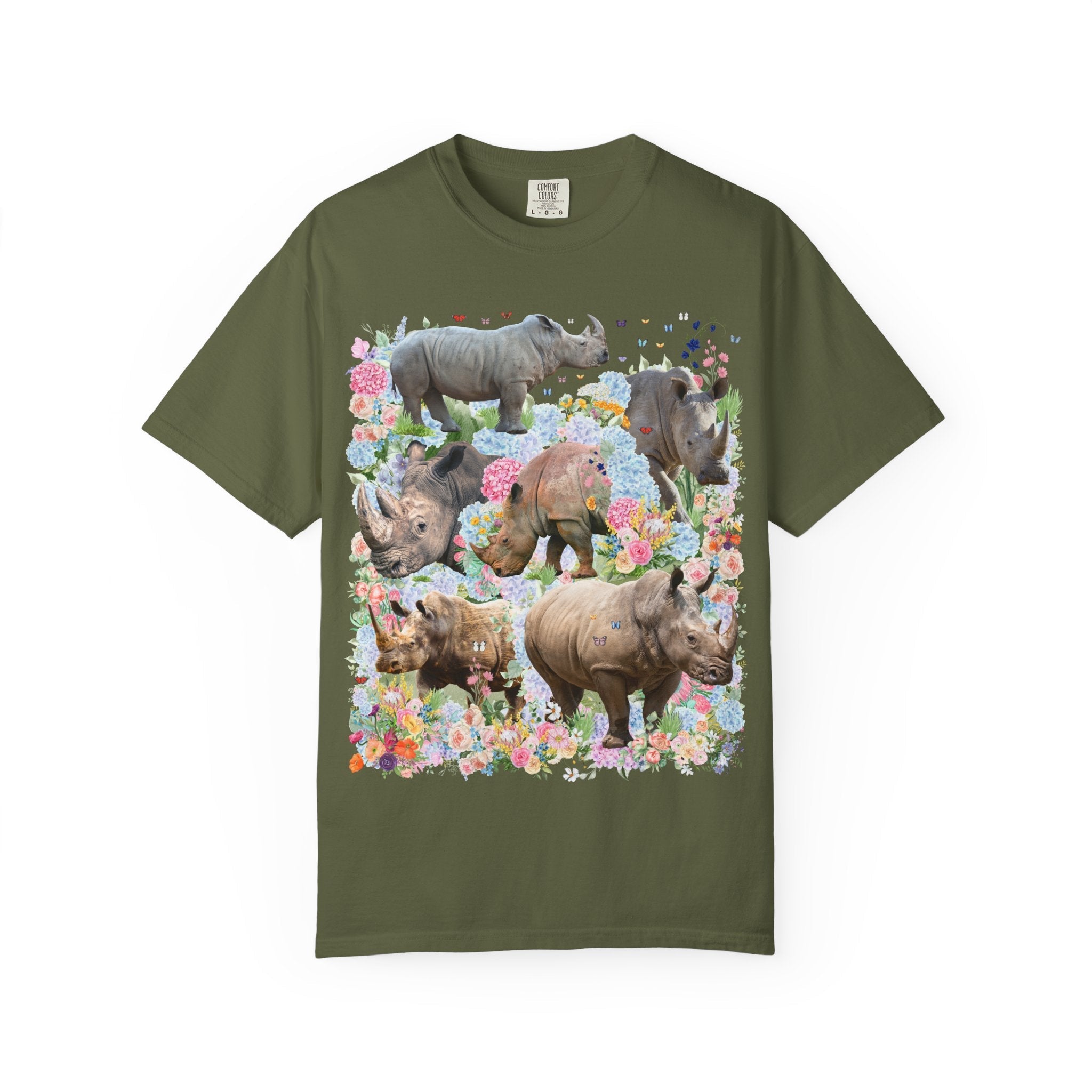 Colorful Rhinoceros Animal Lover Tee Shirt: Lions in Flowers, Wild Nineties Throwback Tee for Trip to Zoo, Floral Dreamcore Butterfly Shirt - Opal and June