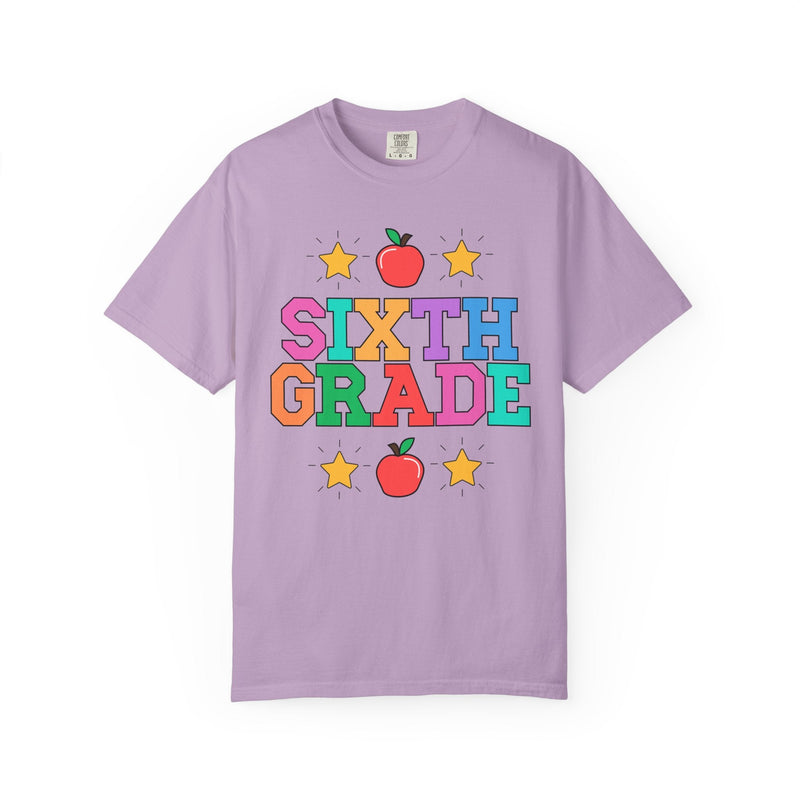Colorful Sixth Grade Teacher Tee Shirt with Cute 90s Throwback Apple, First Day of School Teacher Team Shirt, Retro Back to School Tee - Opal and June