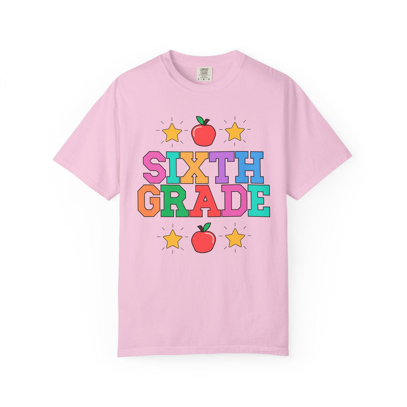 Colorful Sixth Grade Teacher Tee Shirt with Cute 90s Throwback Apple, First Day of School Teacher Team Shirt, Retro Back to School Tee - Opal and June