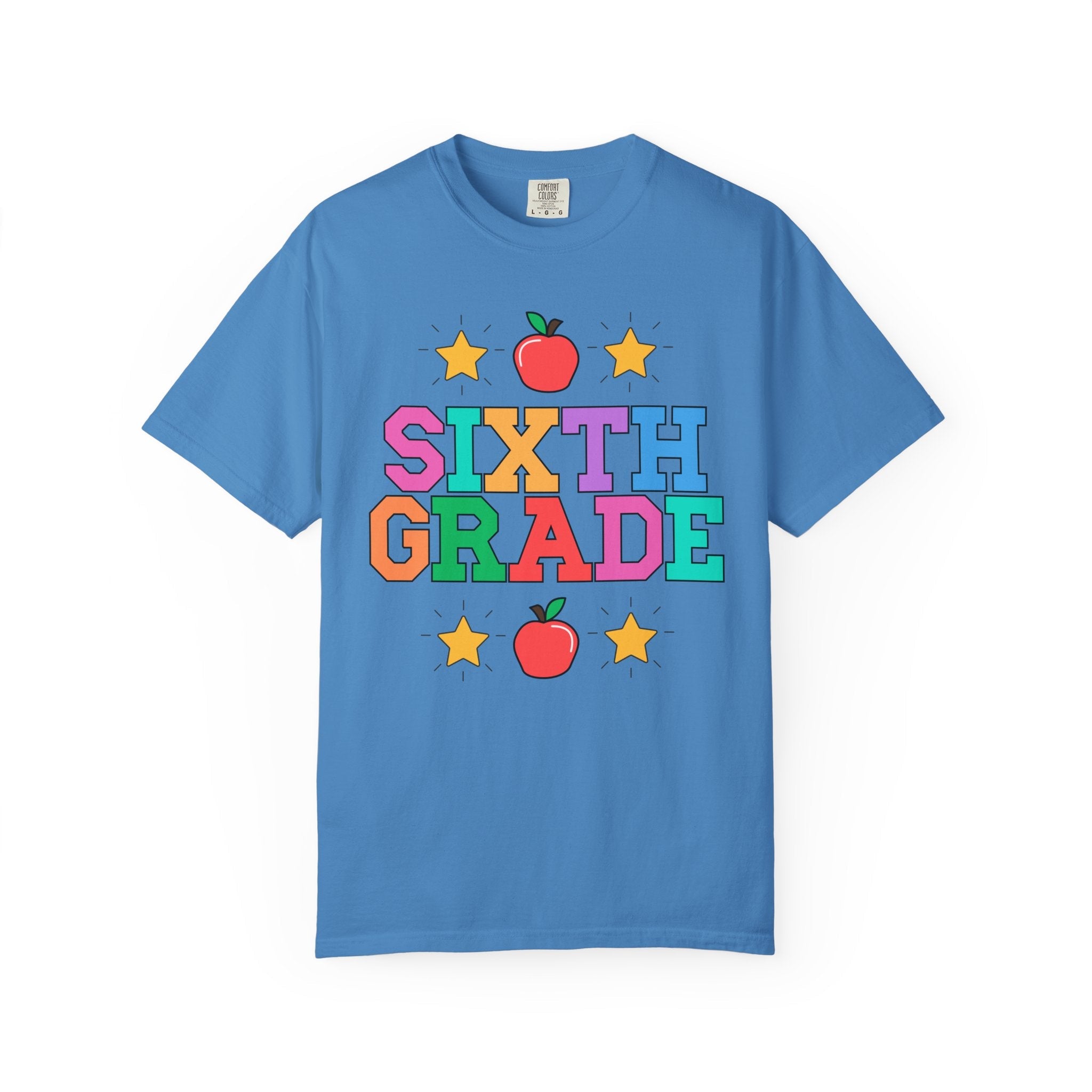 Colorful Sixth Grade Teacher Tee Shirt with Cute 90s Throwback Apple, First Day of School Teacher Team Shirt, Retro Back to School Tee - Opal and June