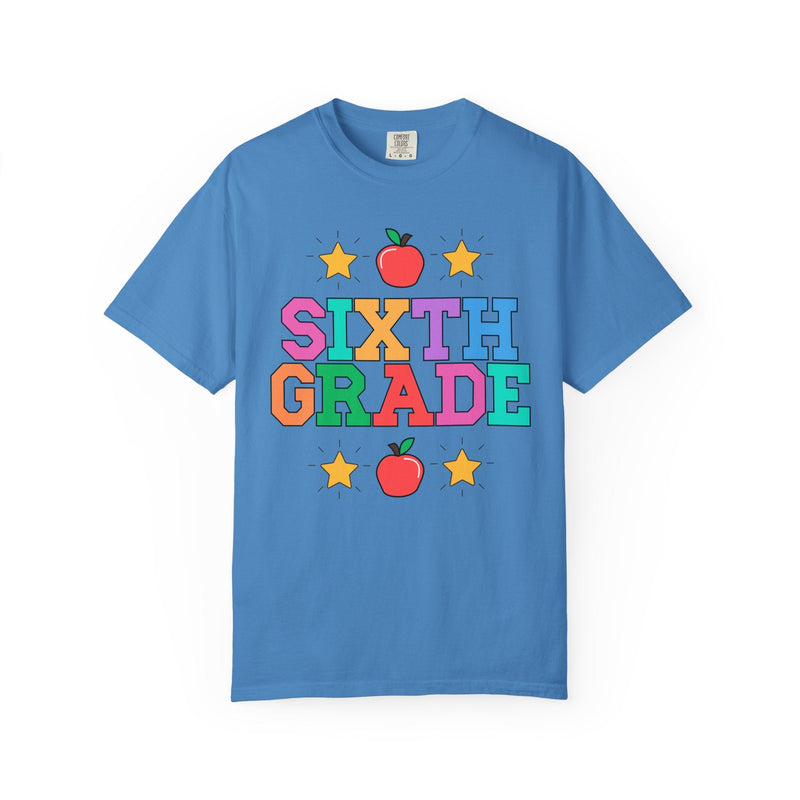 Colorful Sixth Grade Teacher Tee Shirt with Cute 90s Throwback Apple, First Day of School Teacher Team Shirt, Retro Back to School Tee - Opal and June