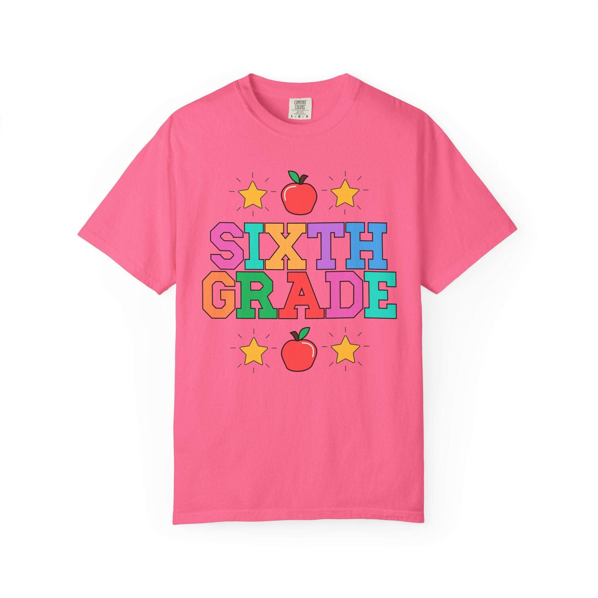 Colorful Sixth Grade Teacher Tee Shirt with Cute 90s Throwback Apple, First Day of School Teacher Team Shirt, Retro Back to School Tee - Opal and June