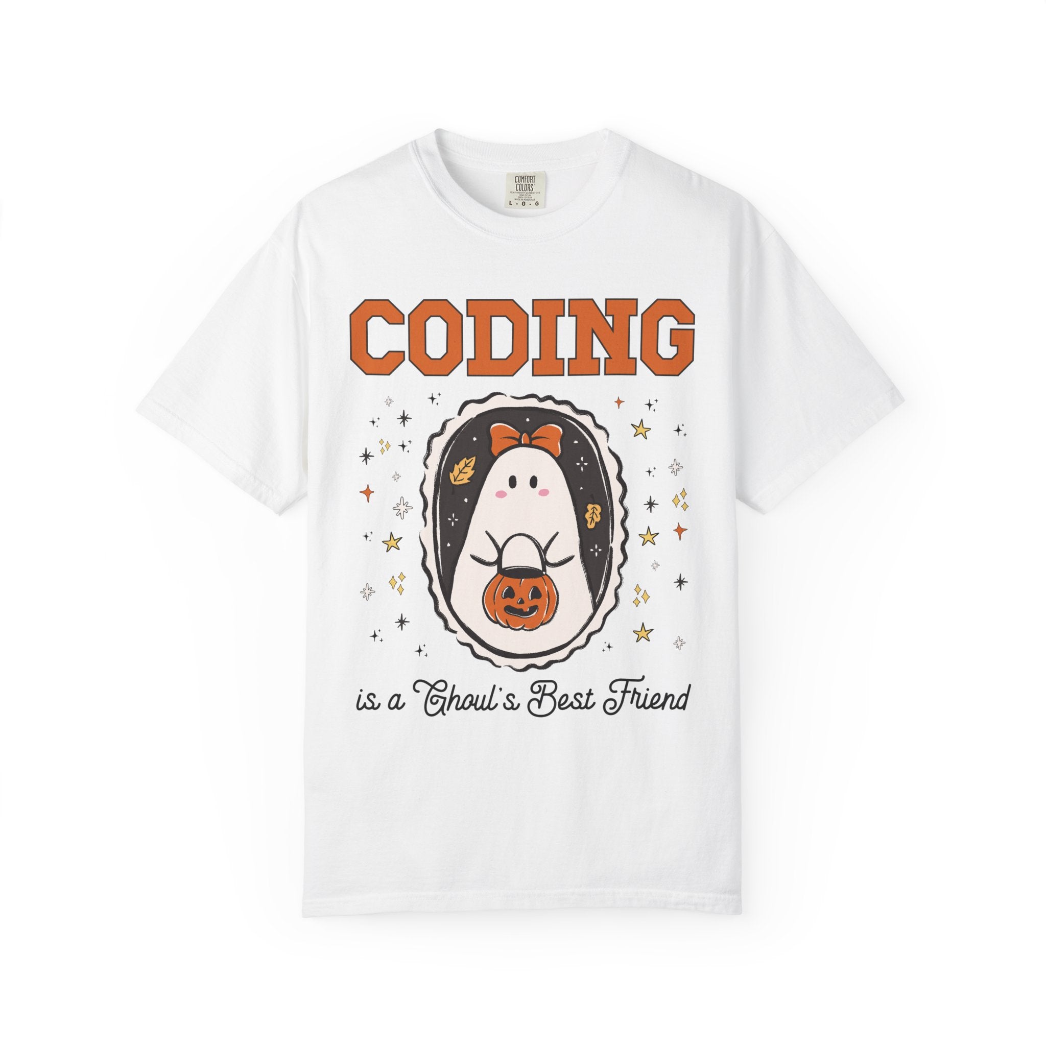 Computer Science Halloween Tee Shirt with Cute Ghost Wearing a Bow, Funny Saying Women in STEM T-Shirt for Programmer, Software Engineer Tee - Opal and June