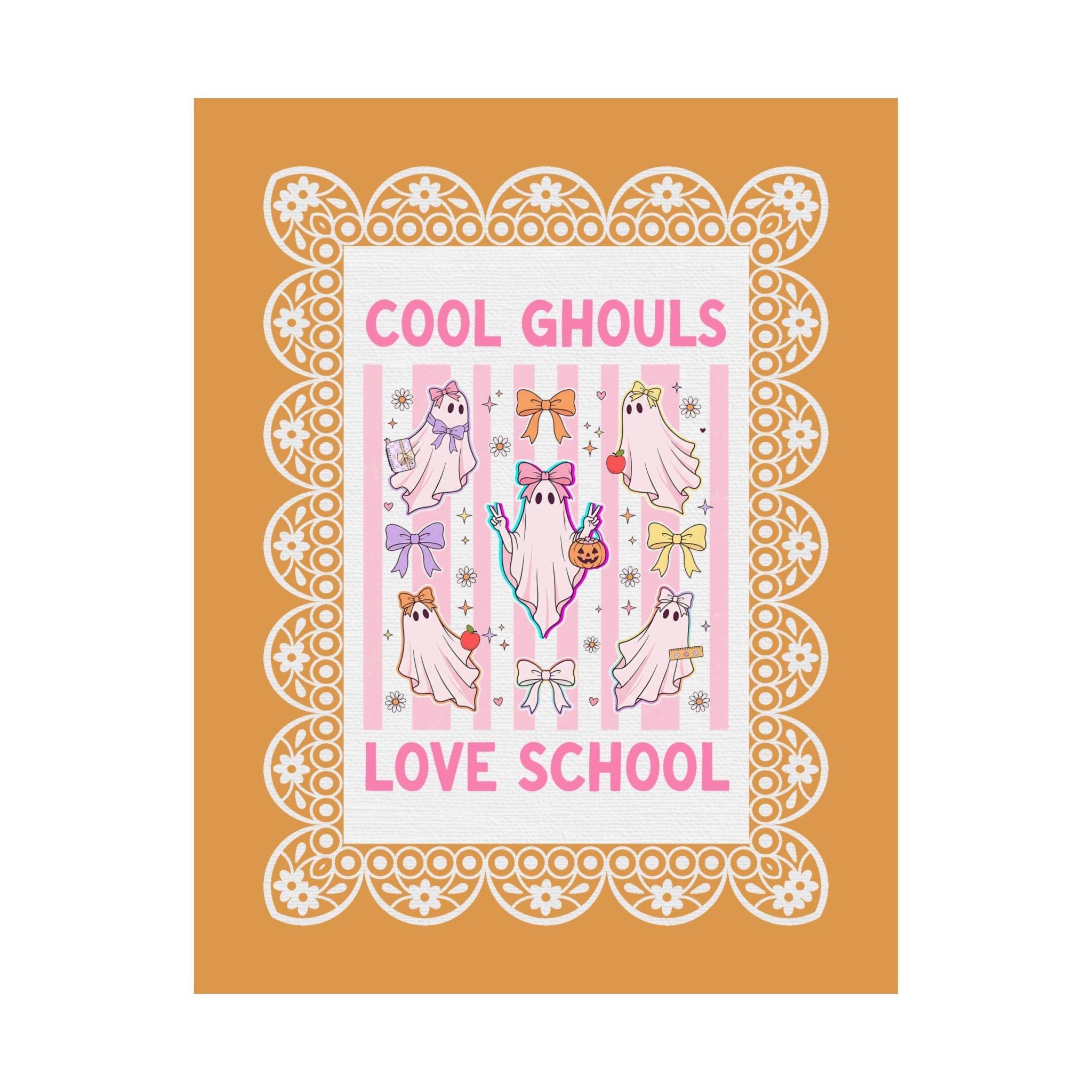Cool Ghouls Love School Halloween Teacher Poster Print with Pink Stripes and Cute Ghosts, Matching Halloween School Office Staff Wall Decor - Opal and June