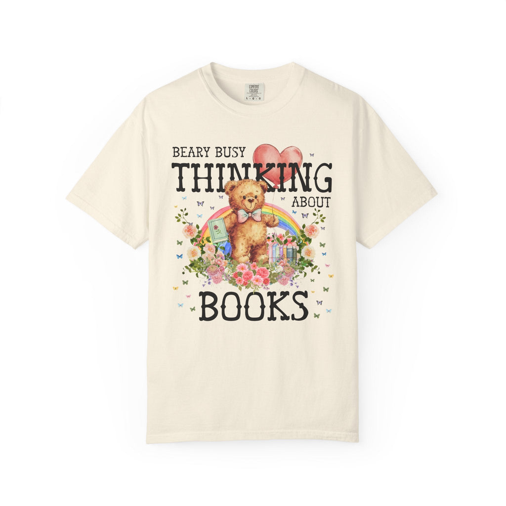 Cottagecore Bear Reading Teacher or School Librarian Tee Shirt for Romance Reader or Friend Who Loves Reading, Animal Lover Tee with Rainbow - Opal and June