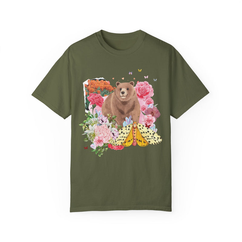Cottagecore Bear Tee Shirt for Animal Lover: Vintage Floral Aesthetic Collage with Bear | Butterfly with Flowers, Gift for Outdoor Lover - Opal and June