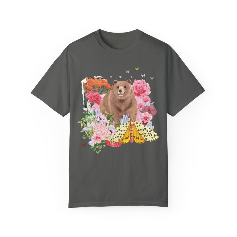 Cottagecore Bear Tee Shirt for Animal Lover: Vintage Floral Aesthetic Collage with Bear | Butterfly with Flowers, Gift for Outdoor Lover - Opal and June