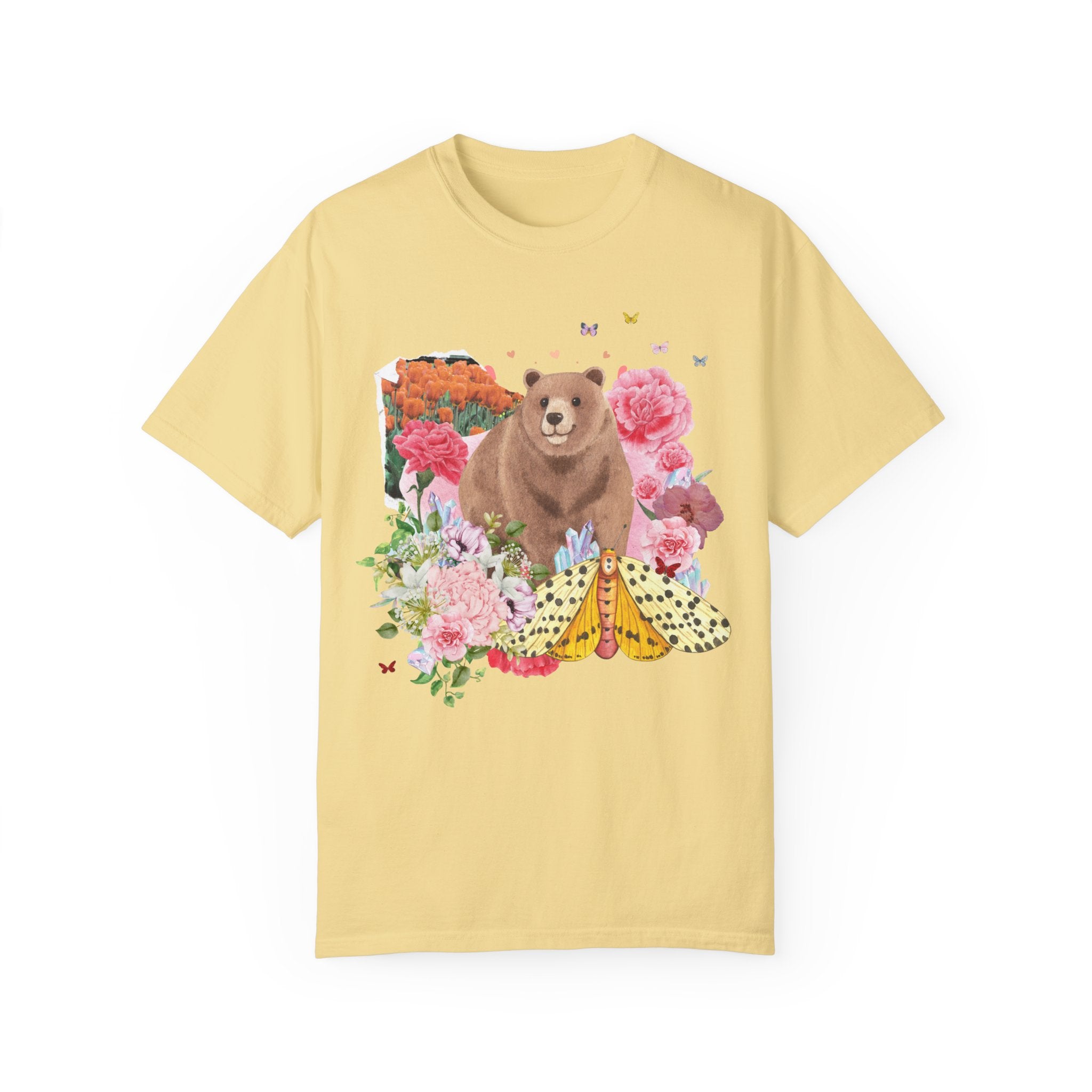 Cottagecore Bear Tee Shirt for Animal Lover: Vintage Floral Aesthetic Collage with Bear | Butterfly with Flowers, Gift for Outdoor Lover - Opal and June