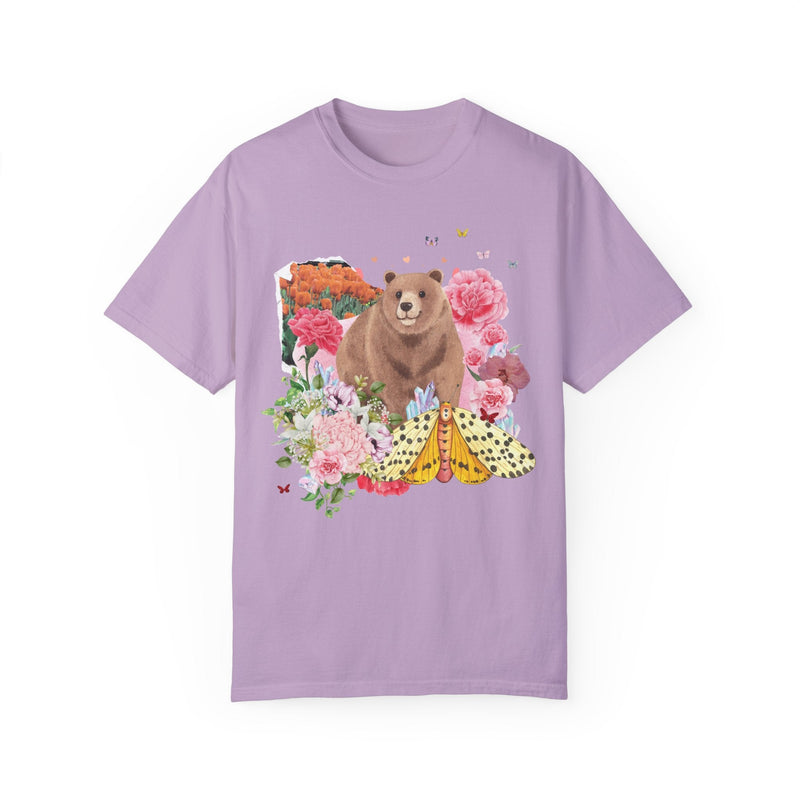 Cottagecore Bear Tee Shirt for Animal Lover: Vintage Floral Aesthetic Collage with Bear | Butterfly with Flowers, Gift for Outdoor Lover - Opal and June