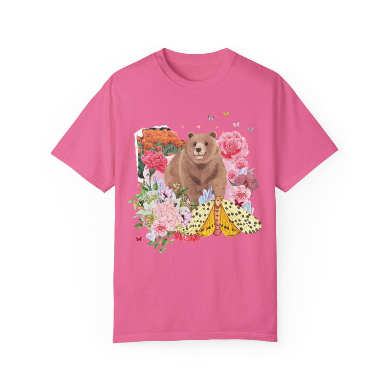 Cottagecore Bear Tee Shirt for Animal Lover: Vintage Floral Aesthetic Collage with Bear | Butterfly with Flowers, Gift for Outdoor Lover - Opal and June