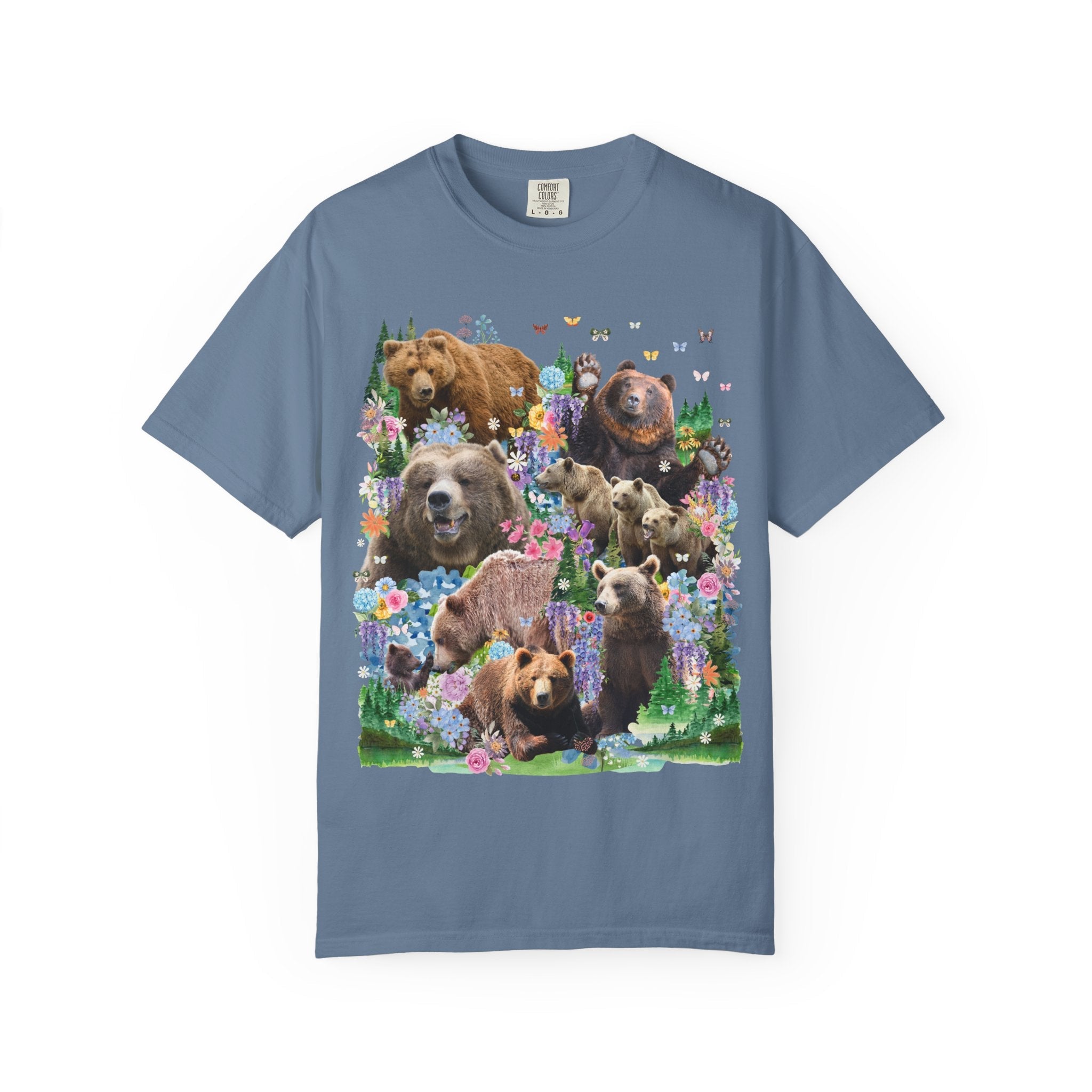 Cottagecore Bear Tee Shirt, Nineties Throwback Animal Lover T-Shirt with Butterflies and Flowers, Cute Birthday Gift for Bear Biologist - Opal and June