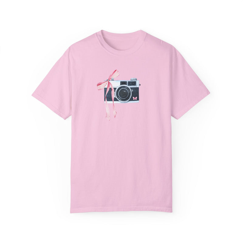 Cottagecore Camera Tee Shirt with Cute Pink Bow: Colorful and Kitschy Coquette Aesthetic T-Shirt for Wedding Photographer, Boho Butterfly - Opal and June