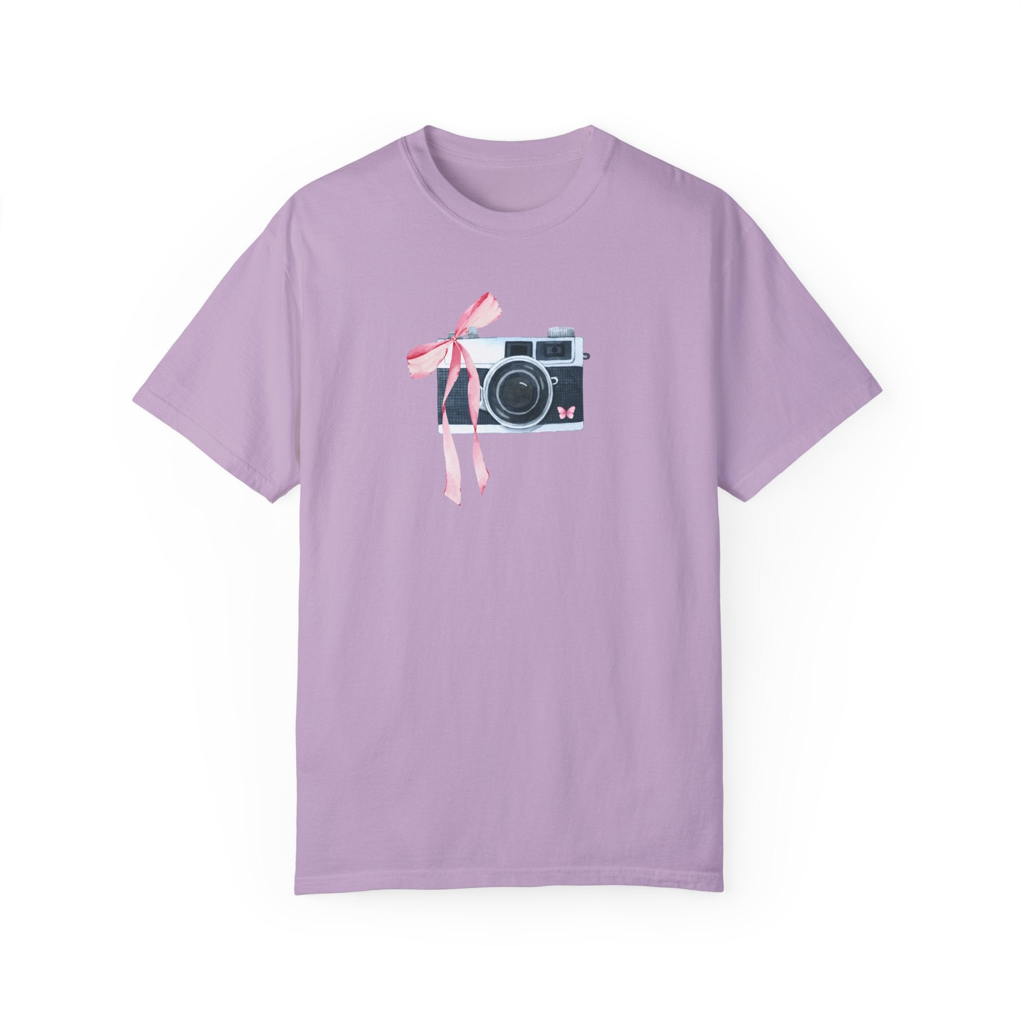 Cottagecore Camera Tee Shirt with Cute Pink Bow: Colorful and Kitschy Coquette Aesthetic T-Shirt for Wedding Photographer, Boho Butterfly - Opal and June