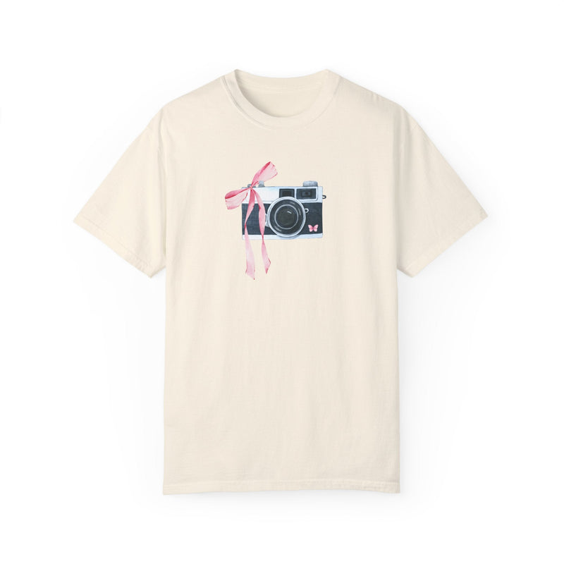 Cottagecore Camera Tee Shirt with Cute Pink Bow: Colorful and Kitschy Coquette Aesthetic T-Shirt for Wedding Photographer, Boho Butterfly - Opal and June