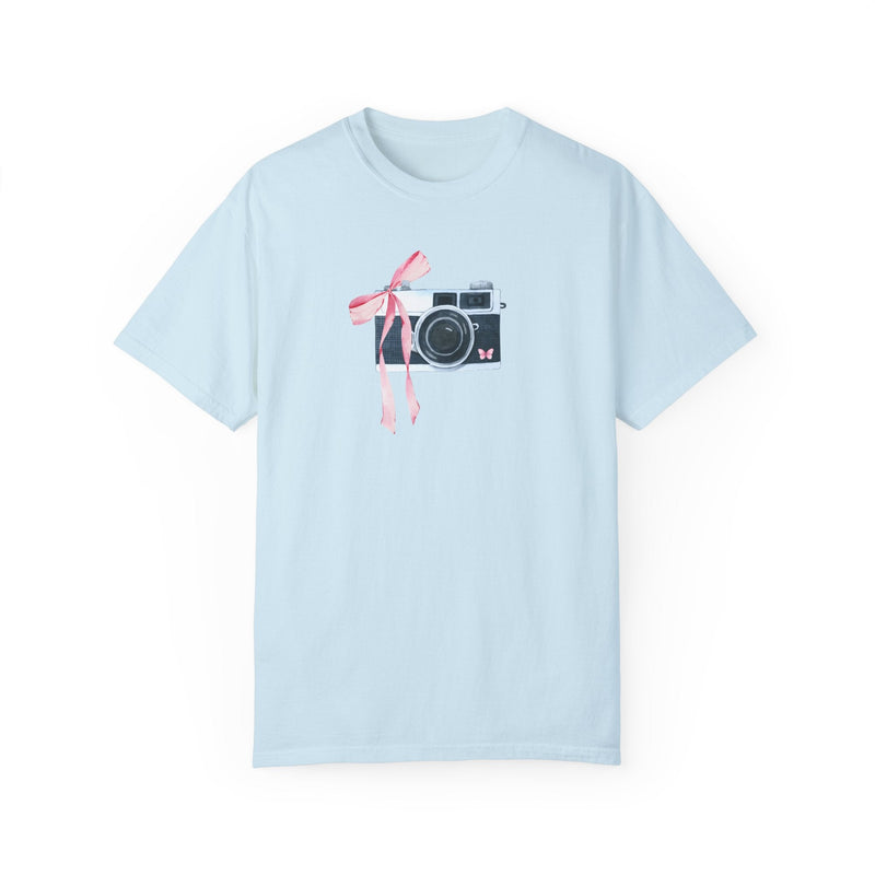 Cottagecore Camera Tee Shirt with Cute Pink Bow: Colorful and Kitschy Coquette Aesthetic T-Shirt for Wedding Photographer, Boho Butterfly - Opal and June